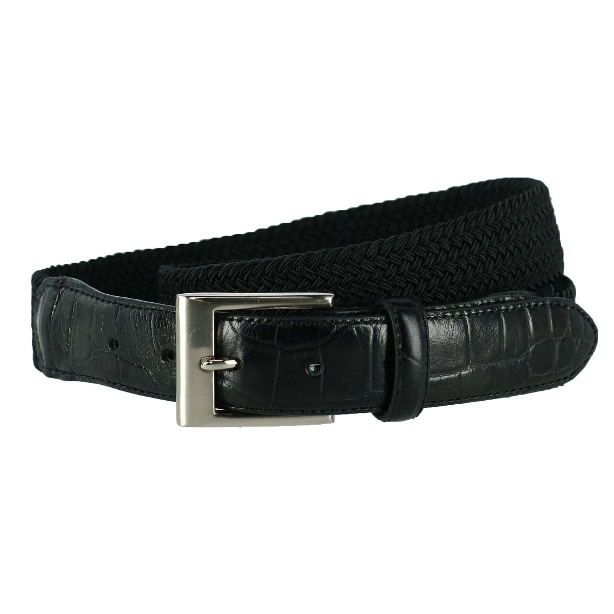 CTM® Men's Big & Tall Braided Elastic Stretch Belt with Croc Print End Tabs - Black