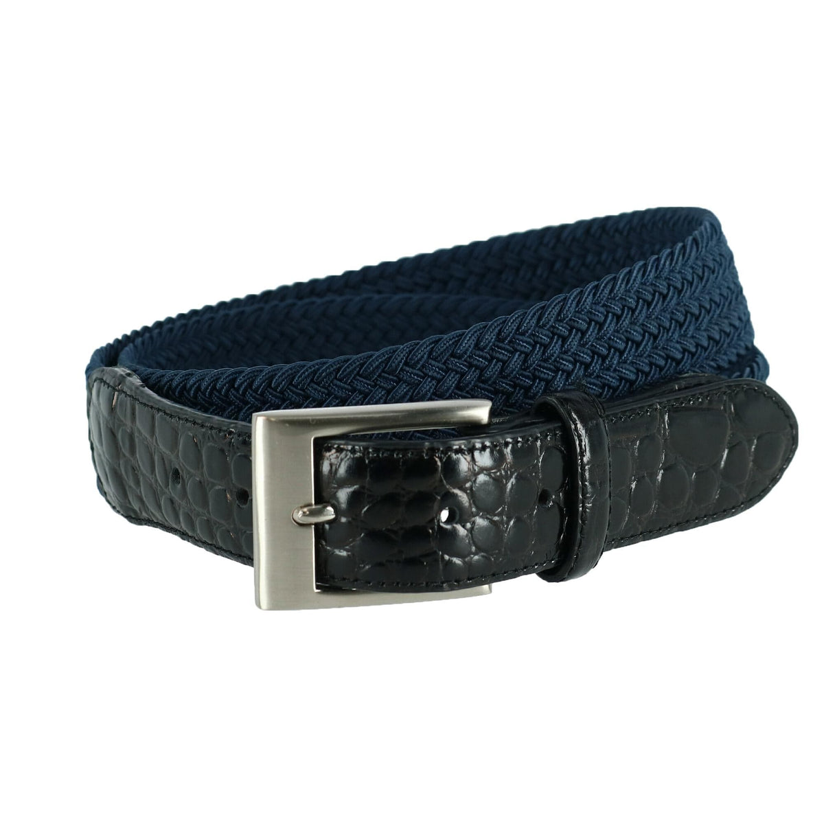 CTM® Men's Big & Tall Braided Elastic Stretch Belt with Croc Print End Tabs - Navy