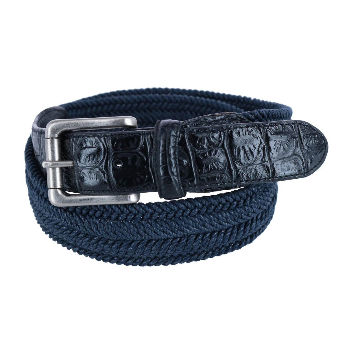 CTM® Men's Big & Tall Waxed Braided Belt with Croc Print Ends - Navy