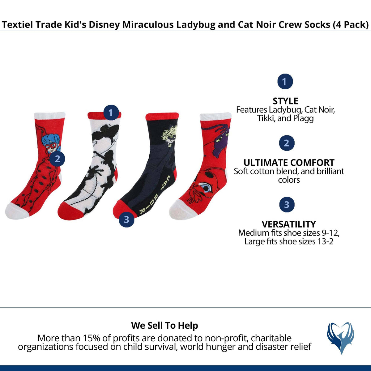 Textiel Trade Kids Disney Miraculous Ladybug & Cat Noir Crew Socks (4 Pack) - Multiple
