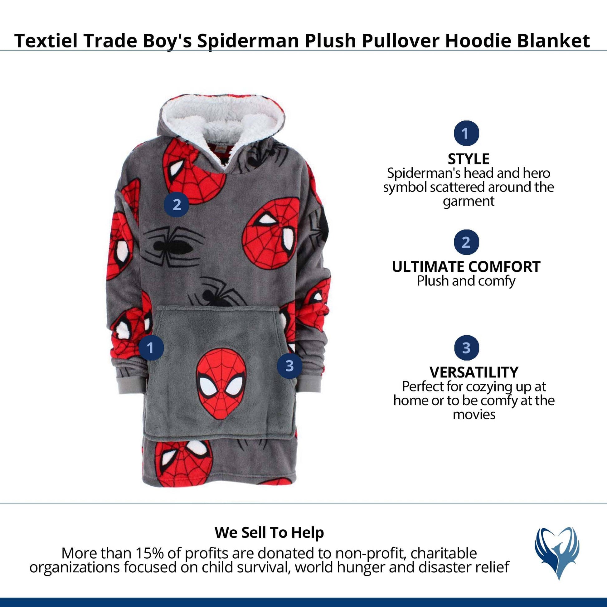 Textiel Trade Boy's Spiderman Plush Pullover Hoodie Blanket - Gray