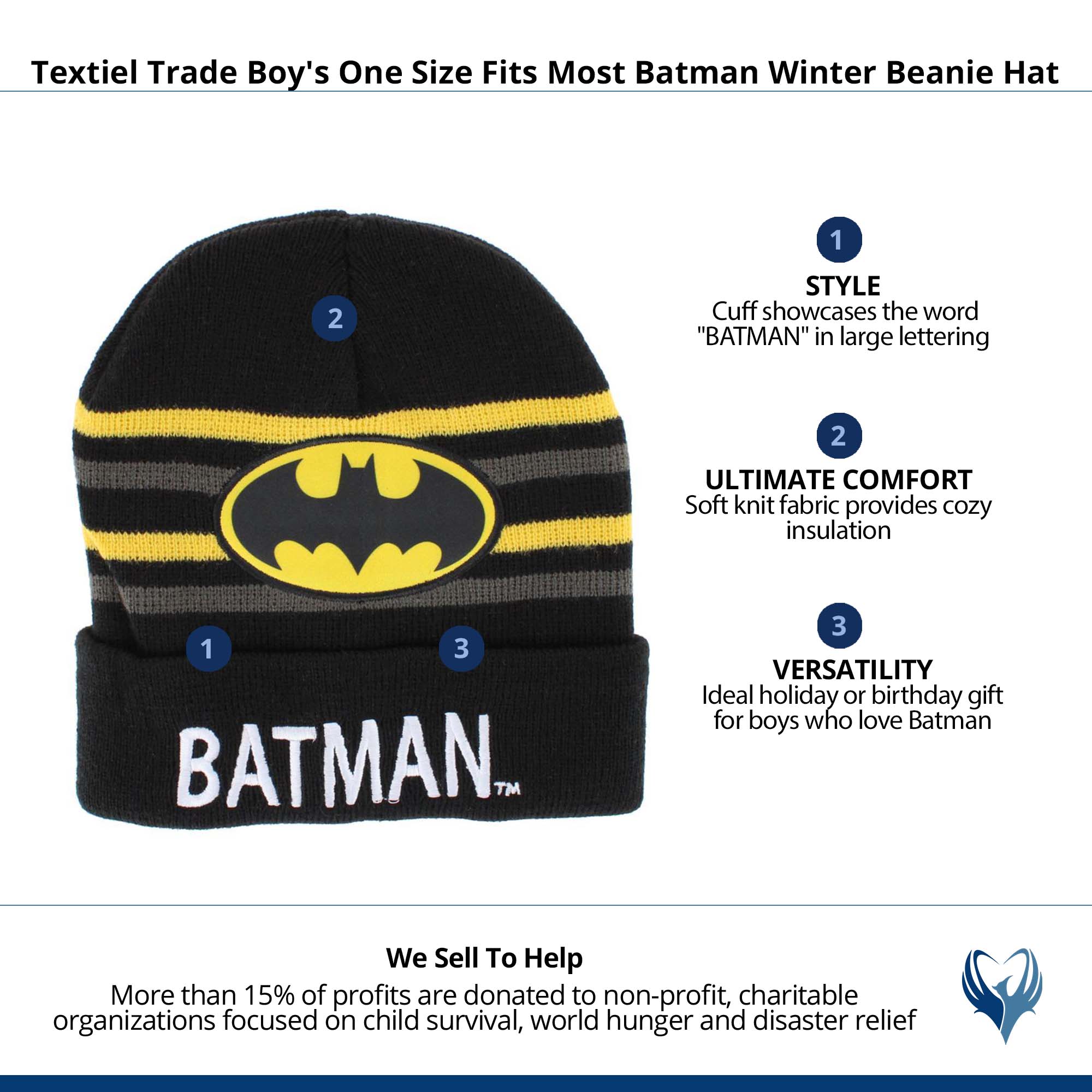 Textiel Trade Boy's One Size Fits Most Batman Winter Beanie Hat - Black