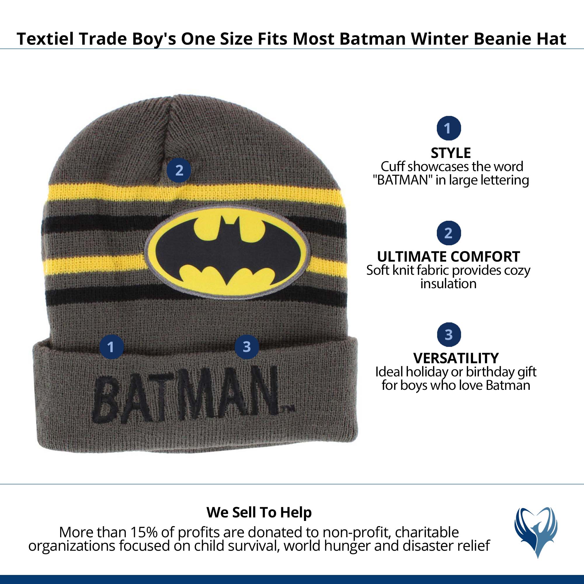 Textiel Trade Boy's One Size Fits Most Batman Winter Beanie Hat - Gray