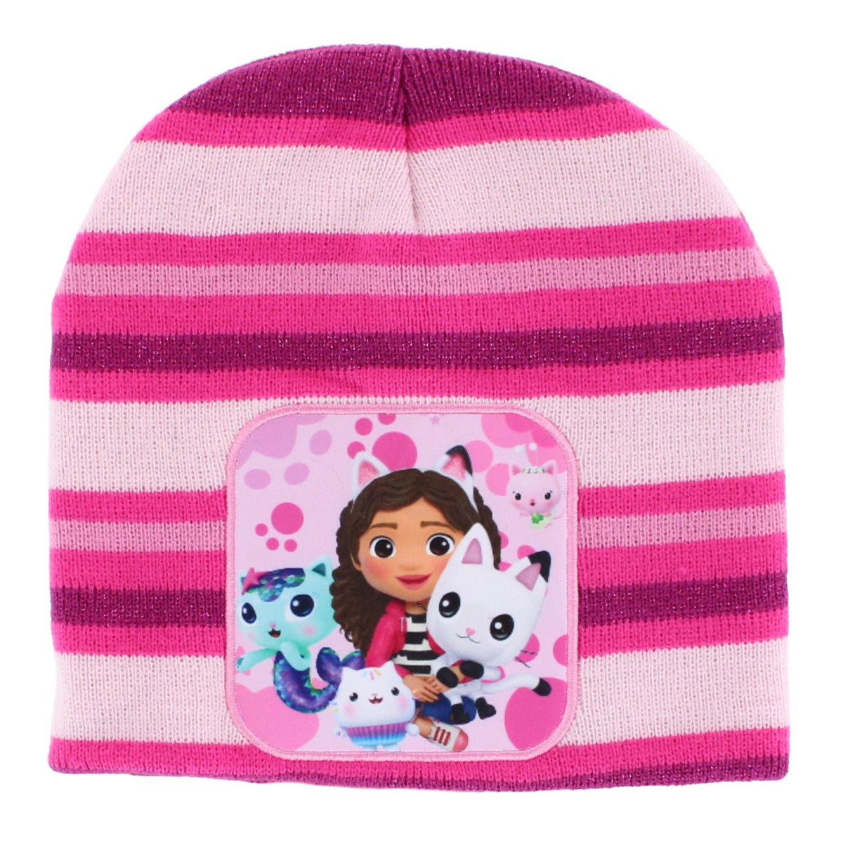 Textiel Trade Girl's Gabby's Dollhouse Striped Winter Beanie Hat and Gloves Set - Dark Pink