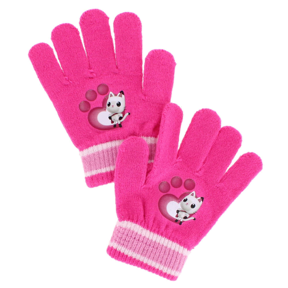Textiel Trade Girl's Gabby's Dollhouse Striped Winter Beanie Hat and Gloves Set - Dark Pink