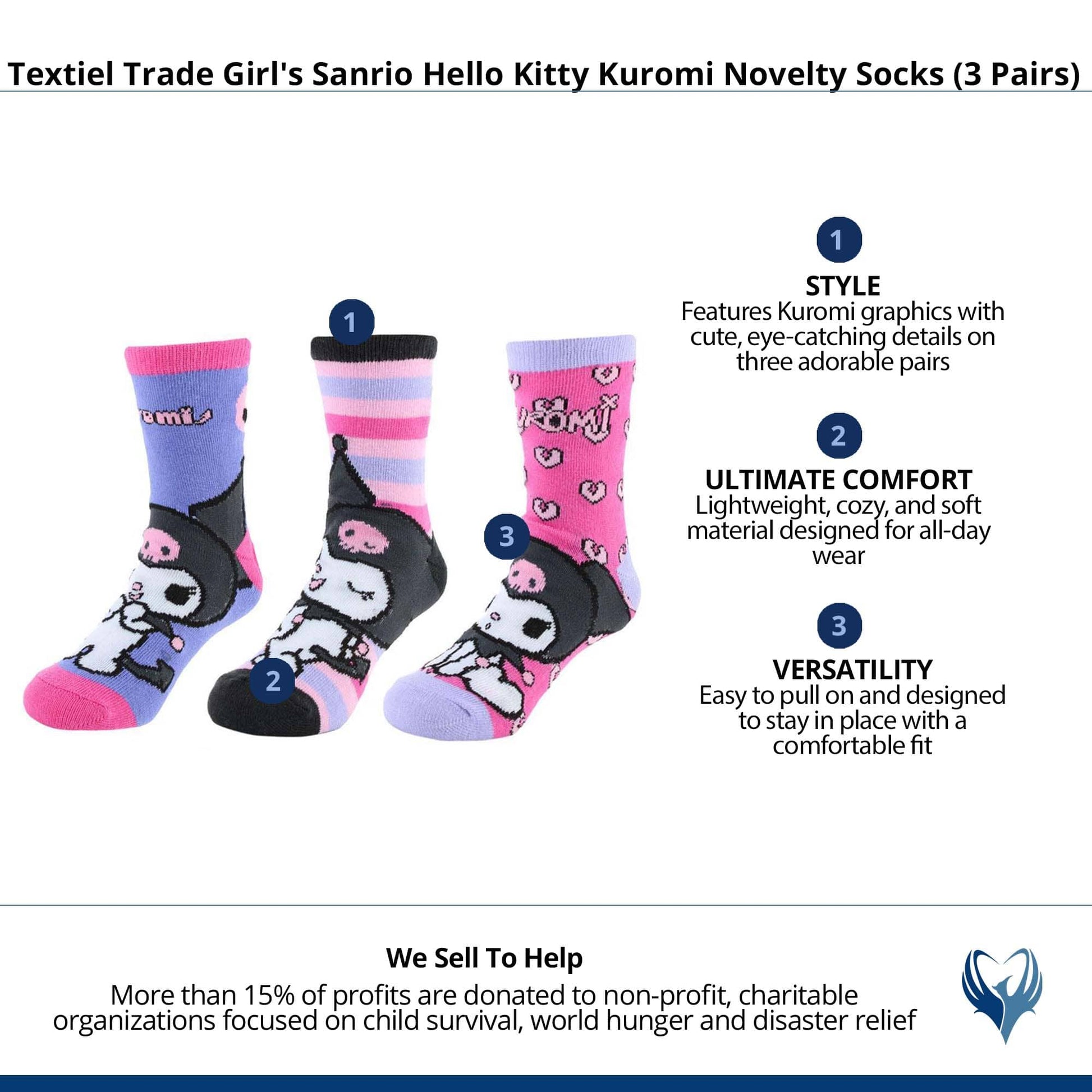 Textiel Trade Girl's Sanrio Hello Kitty Kuromi Novelty Socks (3 Pairs) - Multiple