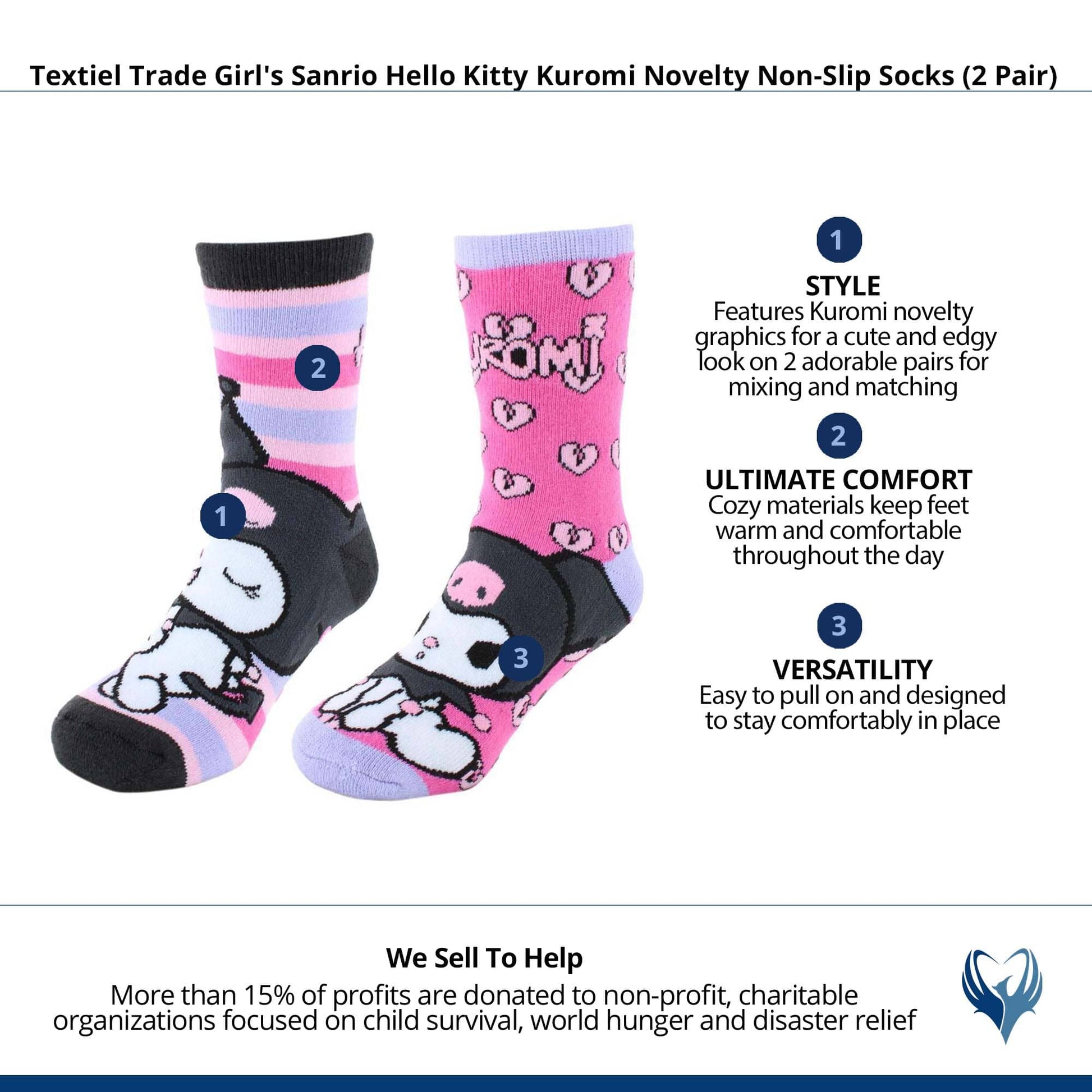 Textiel Trade Girl's Sanrio Hello Kitty Kuromi Non-Slip Socks (2 Pair) - Multiple