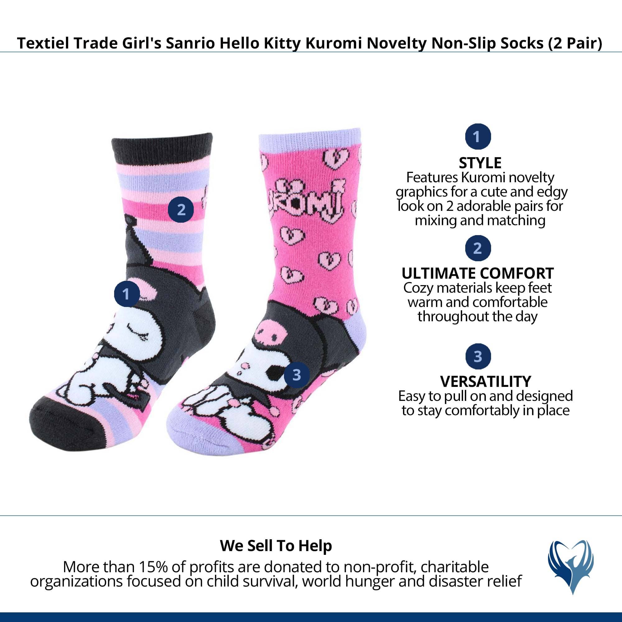 Textiel Trade Girl's Sanrio Hello Kitty Kuromi Non-Slip Socks (2 Pair) - Multiple
