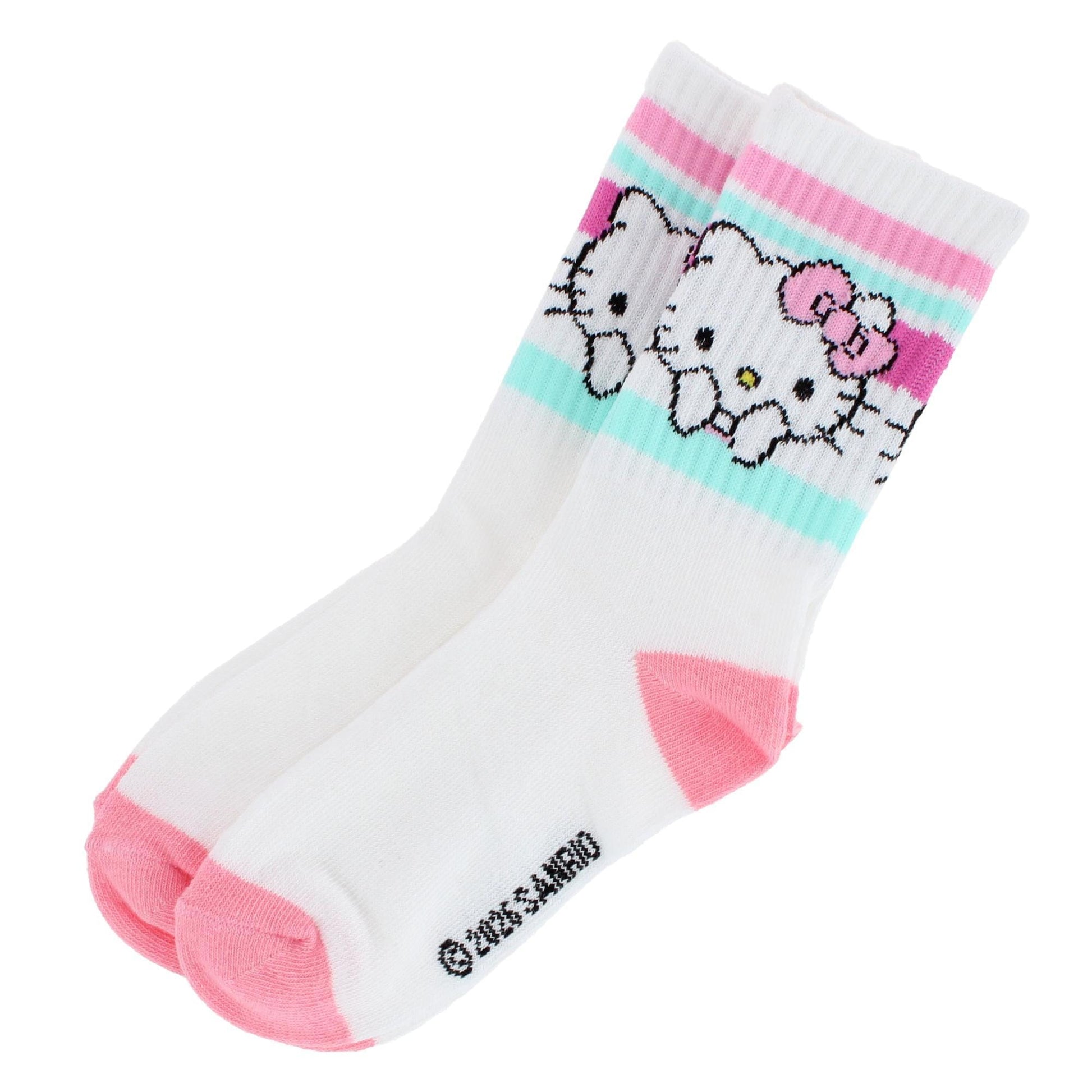 Textiel Trade Girl's Sanrio Hello Kitty Ribbed Athletic Socks (2 Pair) - White with Pink and Light Blue Stripes