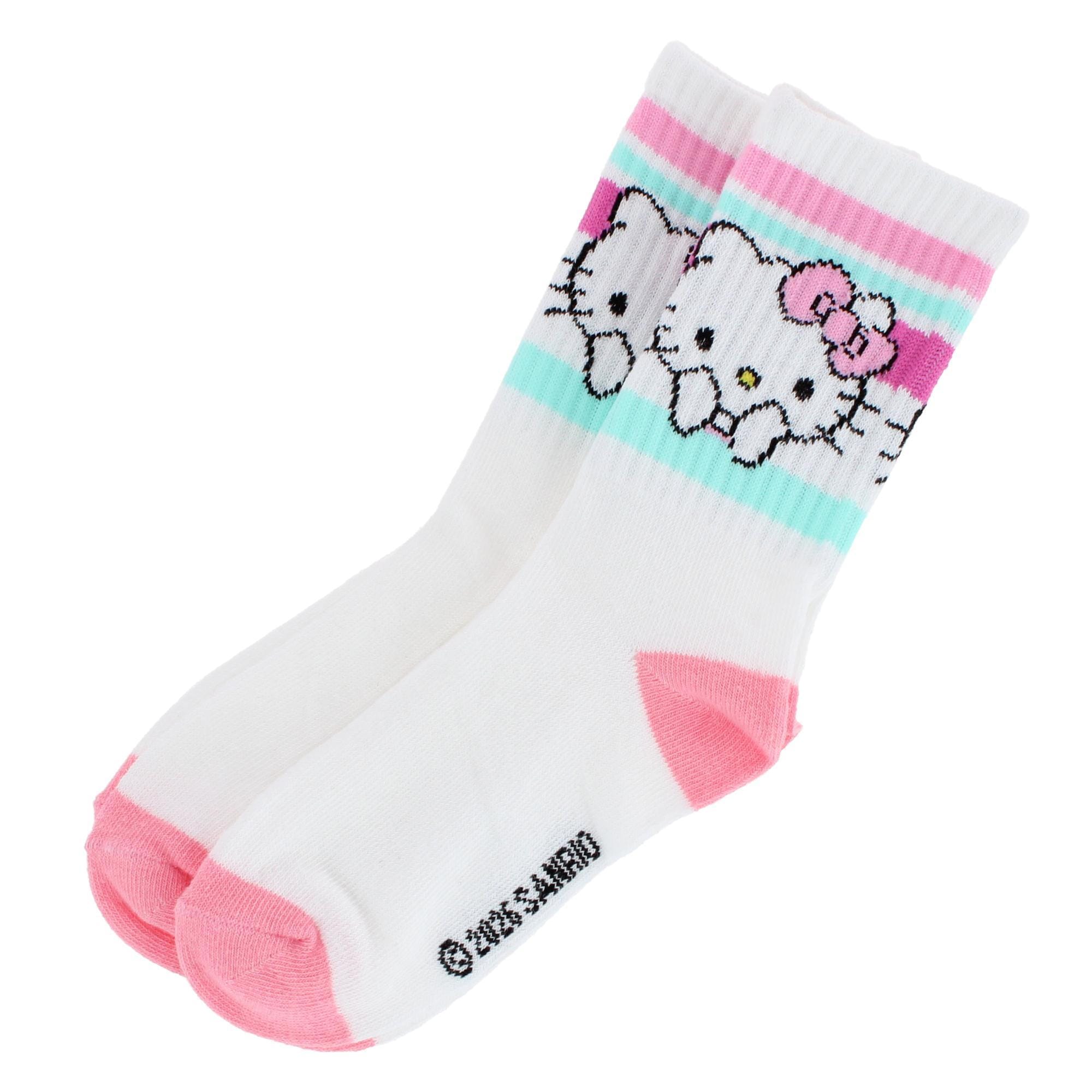 Textiel Trade Girl's Sanrio Hello Kitty Ribbed Athletic Socks (2 Pair) - White with Pink and Light Blue Stripes