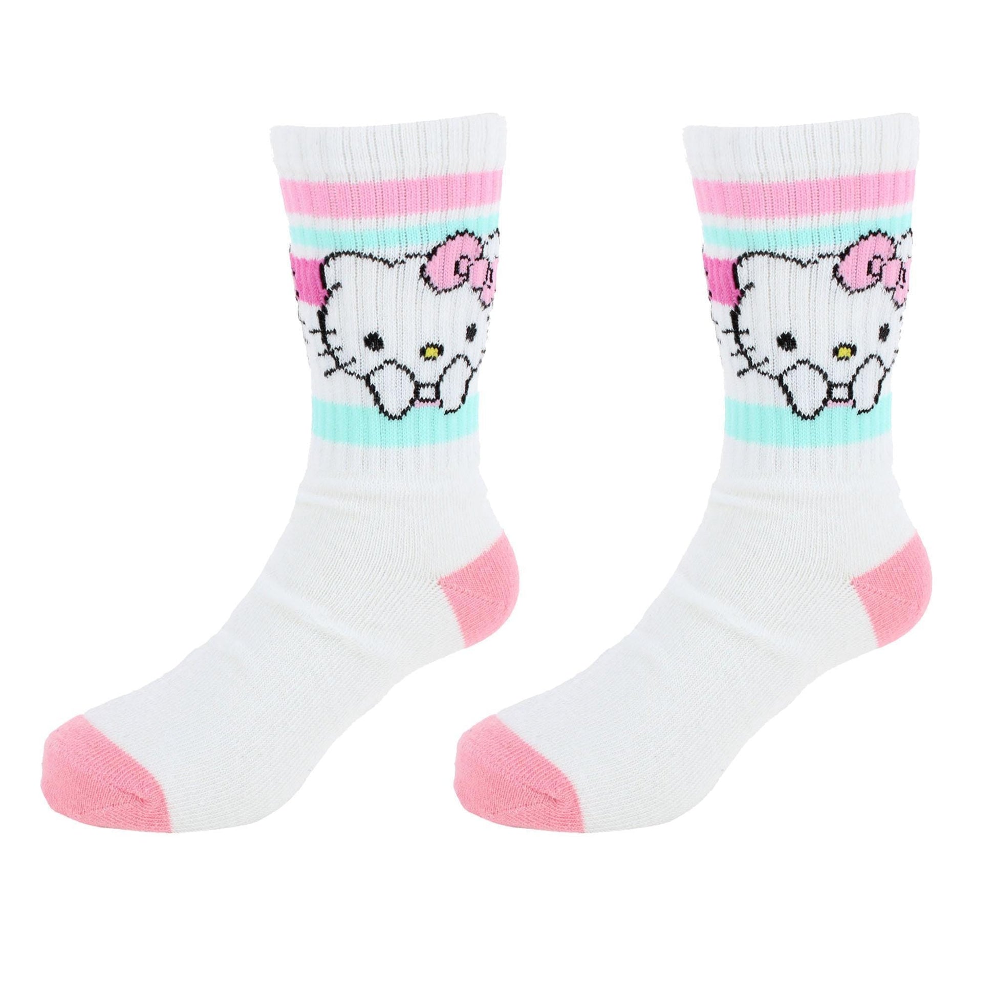 Textiel Trade Girl's Sanrio Hello Kitty Ribbed Athletic Socks (2 Pair) - White with Pink and Light Blue Stripes