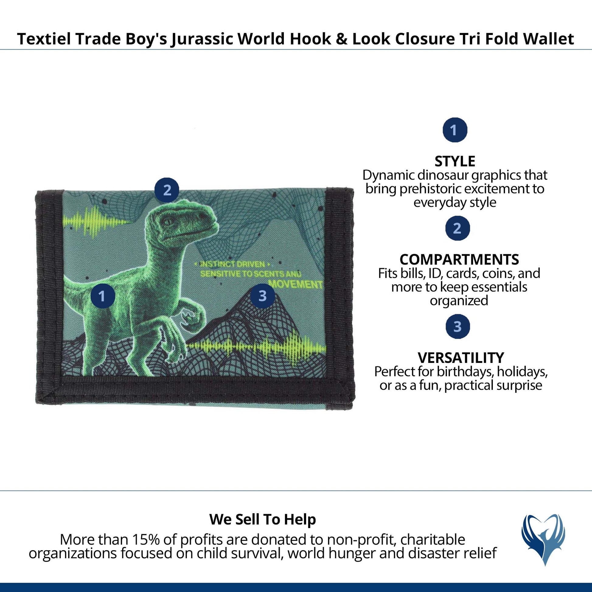 Textiel Trade Boy's Jurassic World Hook & Look Closure Tri Fold Wallet - Green