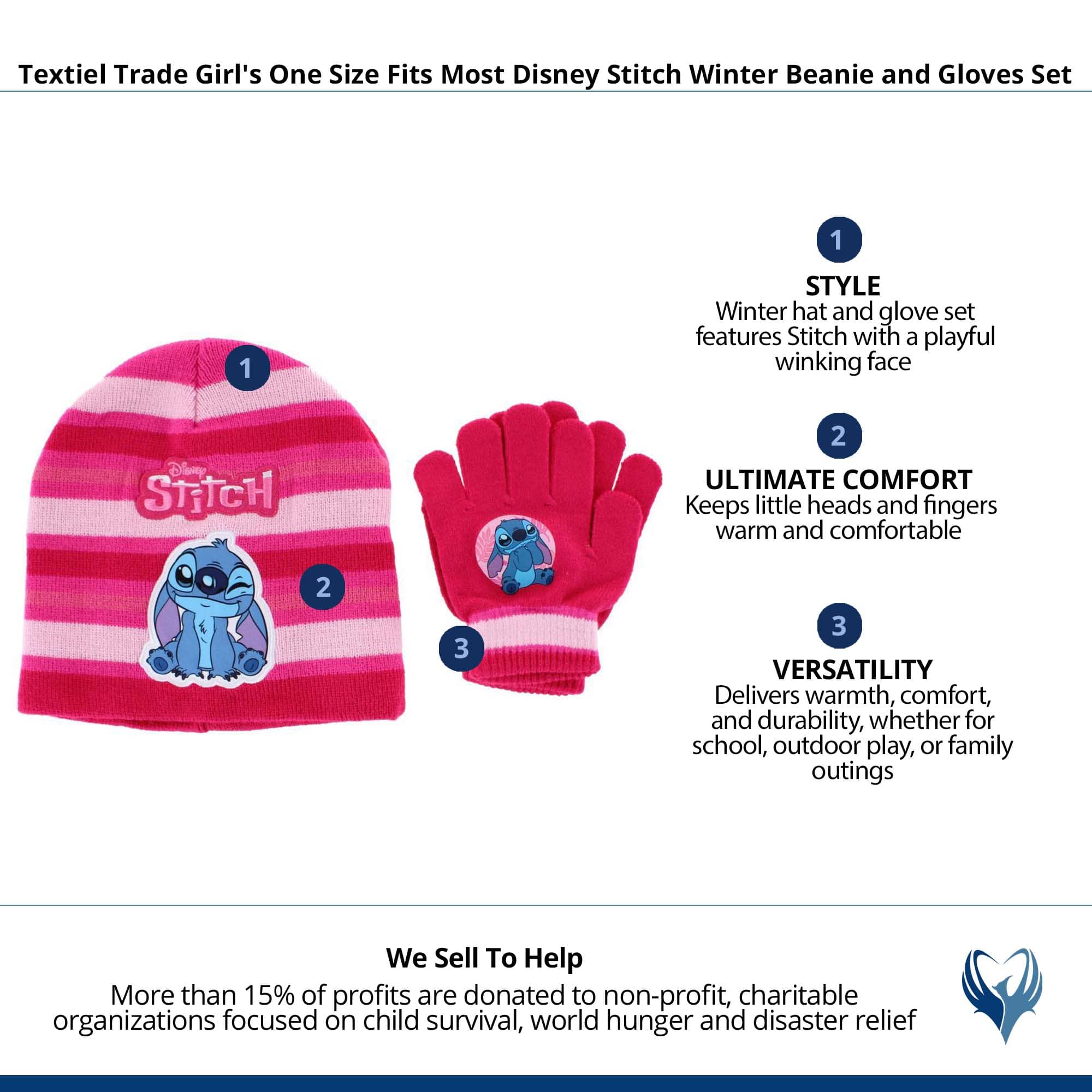 Textiel Trade Girl's Disney Stitch Winter Beanie and Gloves Set - Dark Pink