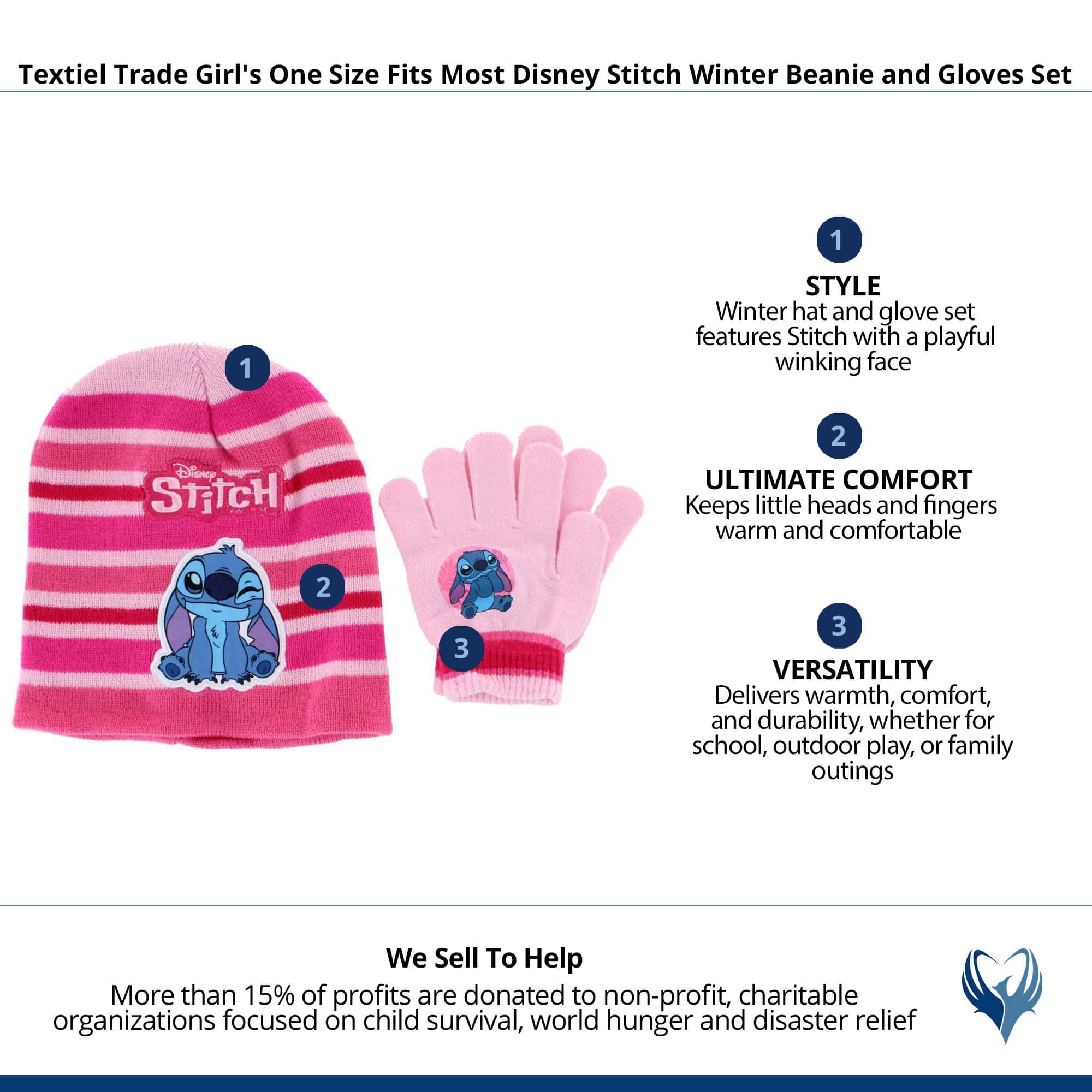Textiel Trade Girl's Disney Stitch Winter Beanie and Gloves Set - Light Pink