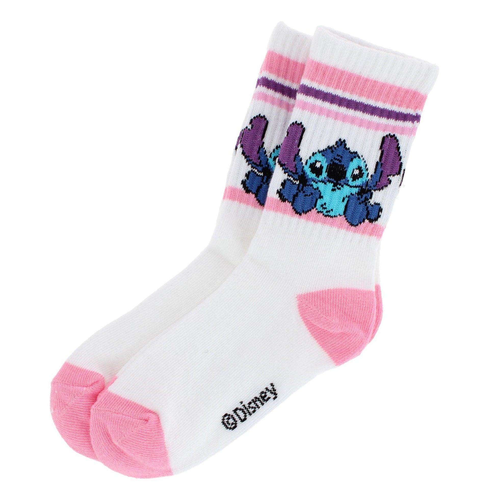 Textiel Trade Girl's Disney Lilo & Stitch Ribbed Athletic Socks (2 Pair) - White with Pink and Purple Stripes