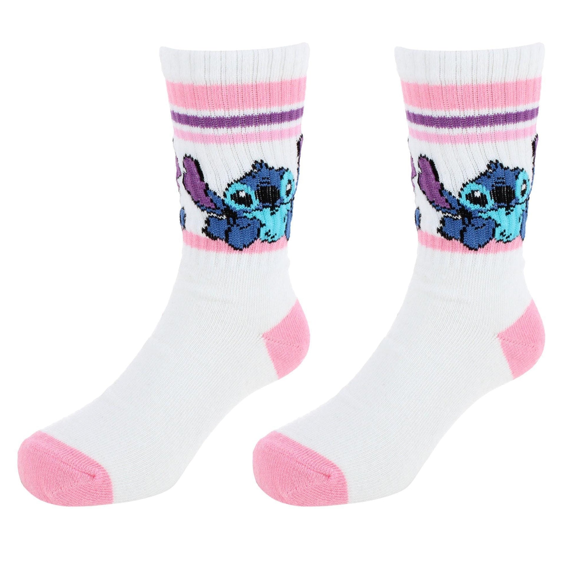 Textiel Trade Girl's Disney Lilo & Stitch Ribbed Athletic Socks (2 Pair) - White with Pink and Purple Stripes