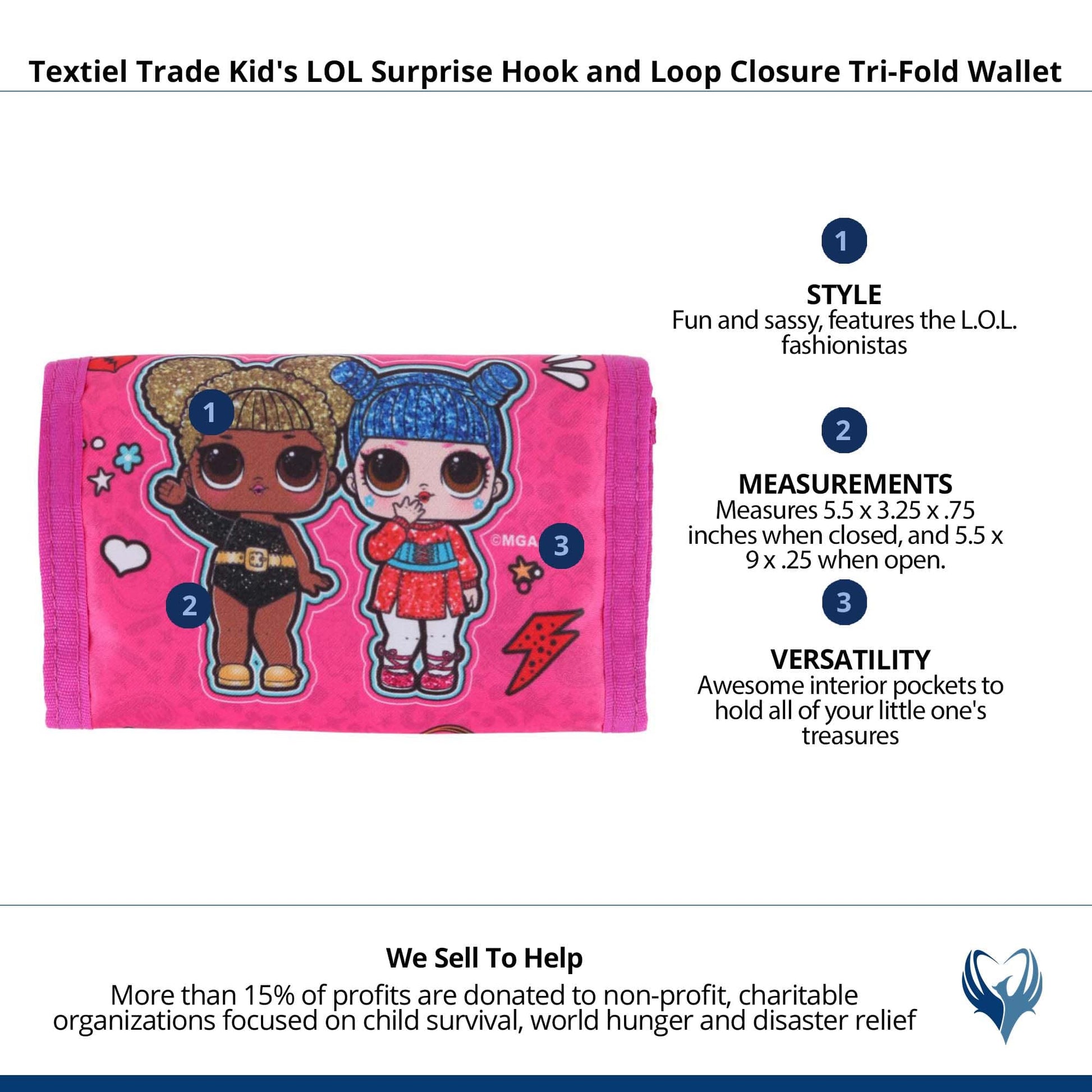 Textiel Trade Kid's LOL Surprise Hook and Loop Closure Tri-Fold Wallet - Hot Pink