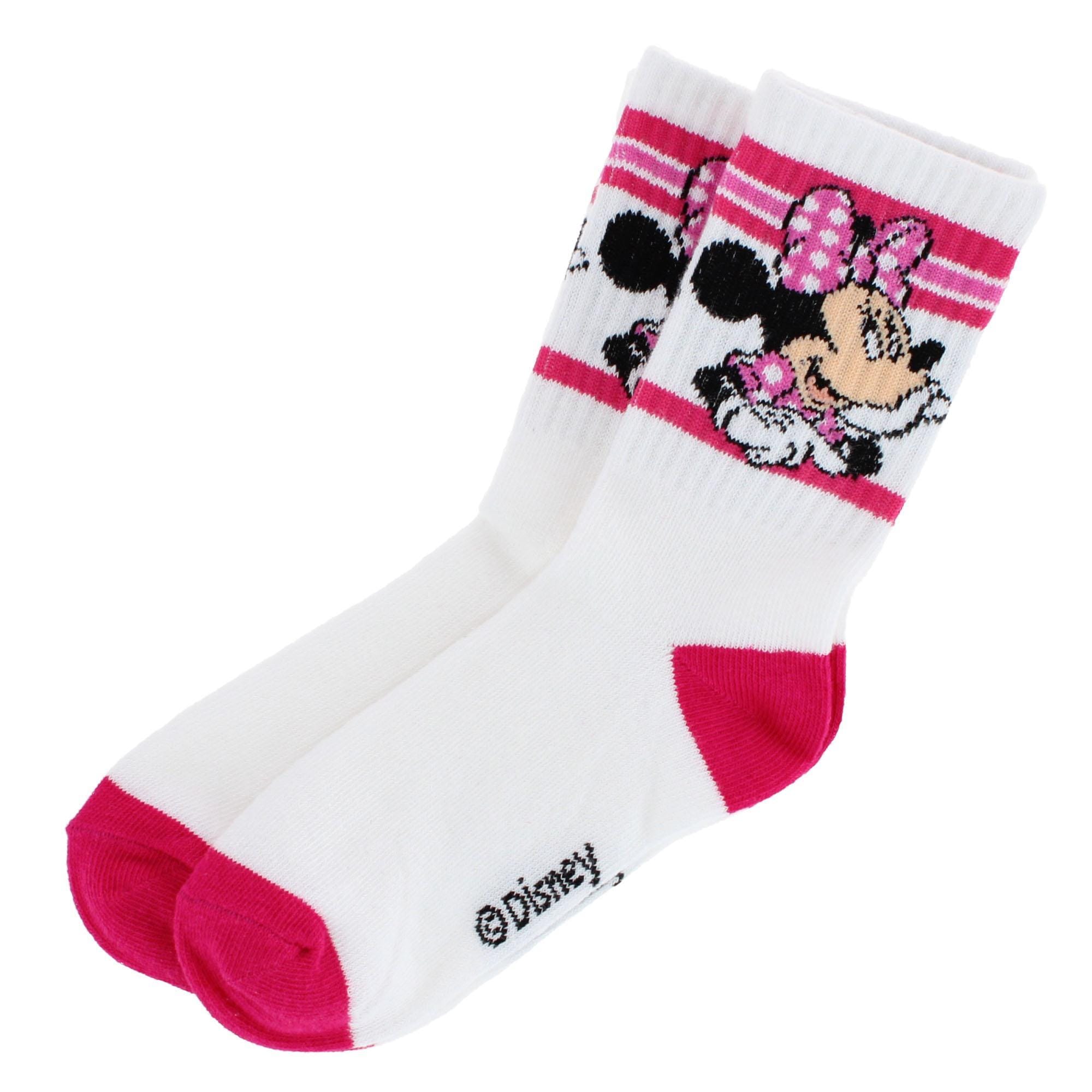 Textiel Trade Girl's Disney Minnie Mouse Ribbed Athletic Socks (2 Pair) - White with Pink Stripes