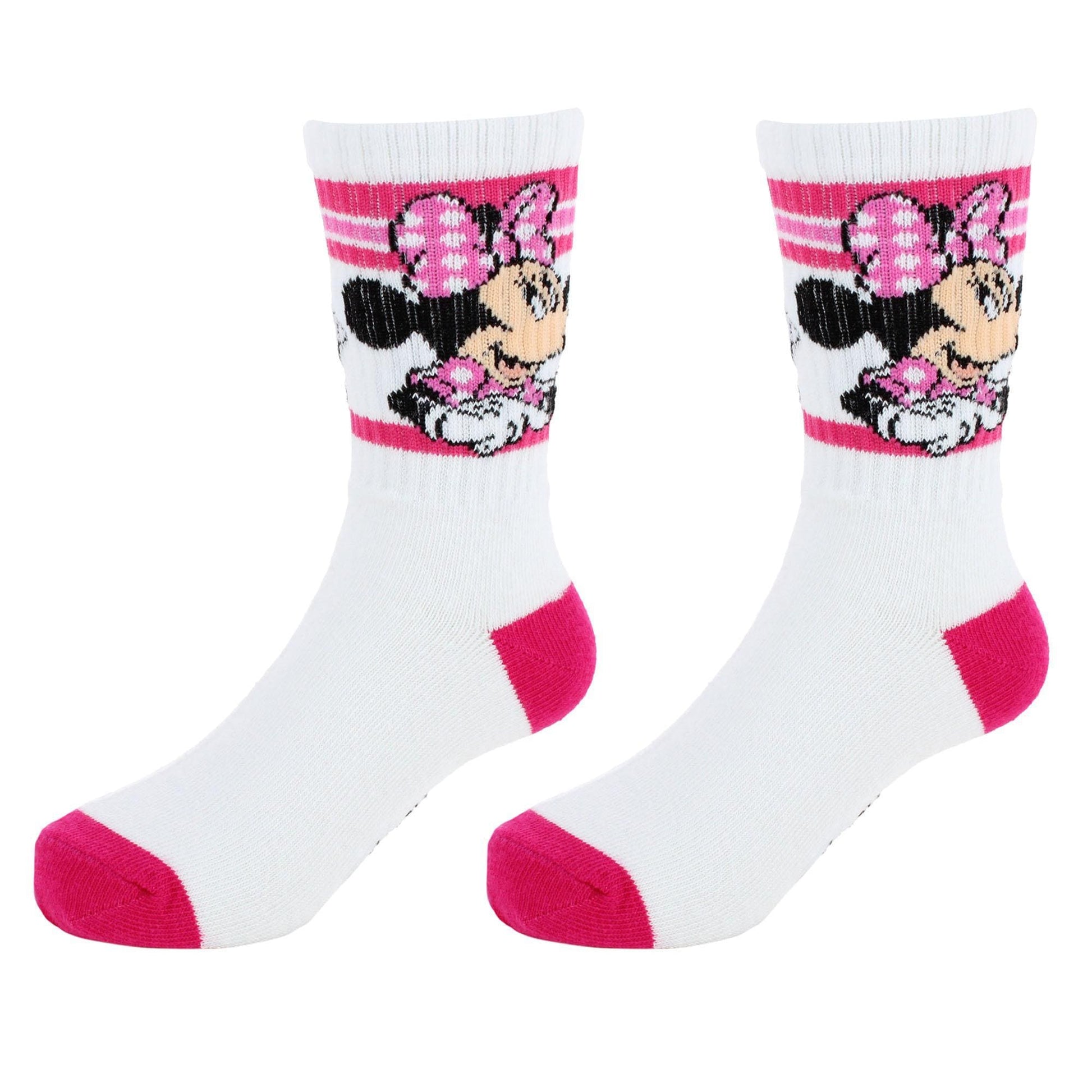 Textiel Trade Girl's Disney Minnie Mouse Ribbed Athletic Socks (2 Pair) - White with Pink Stripes