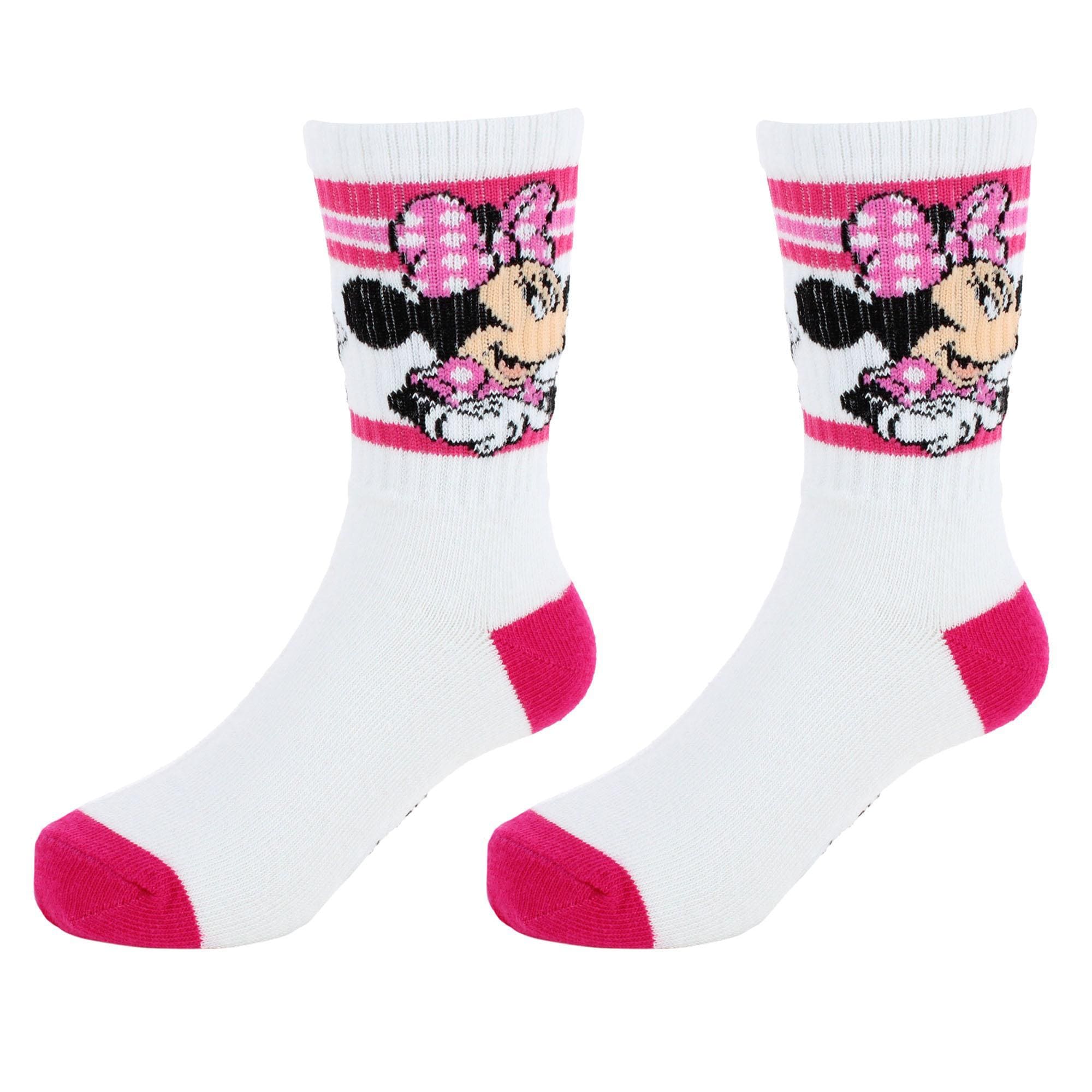 Textiel Trade Girl's Disney Minnie Mouse Ribbed Athletic Socks (2 Pair) - White with Pink Stripes