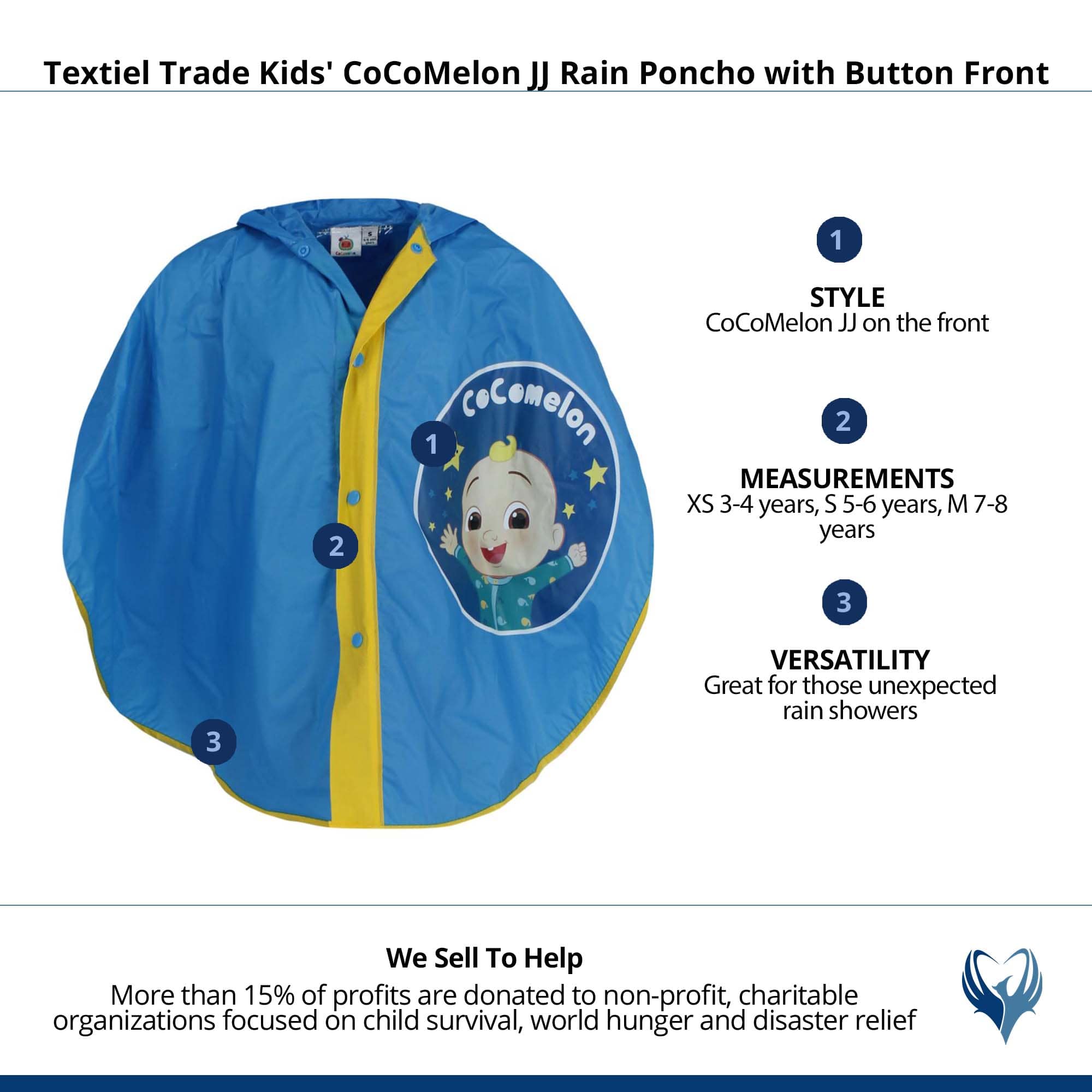Textiel Trade Kids' CoCoMelon JJ Rain Poncho with Button Front - Blue