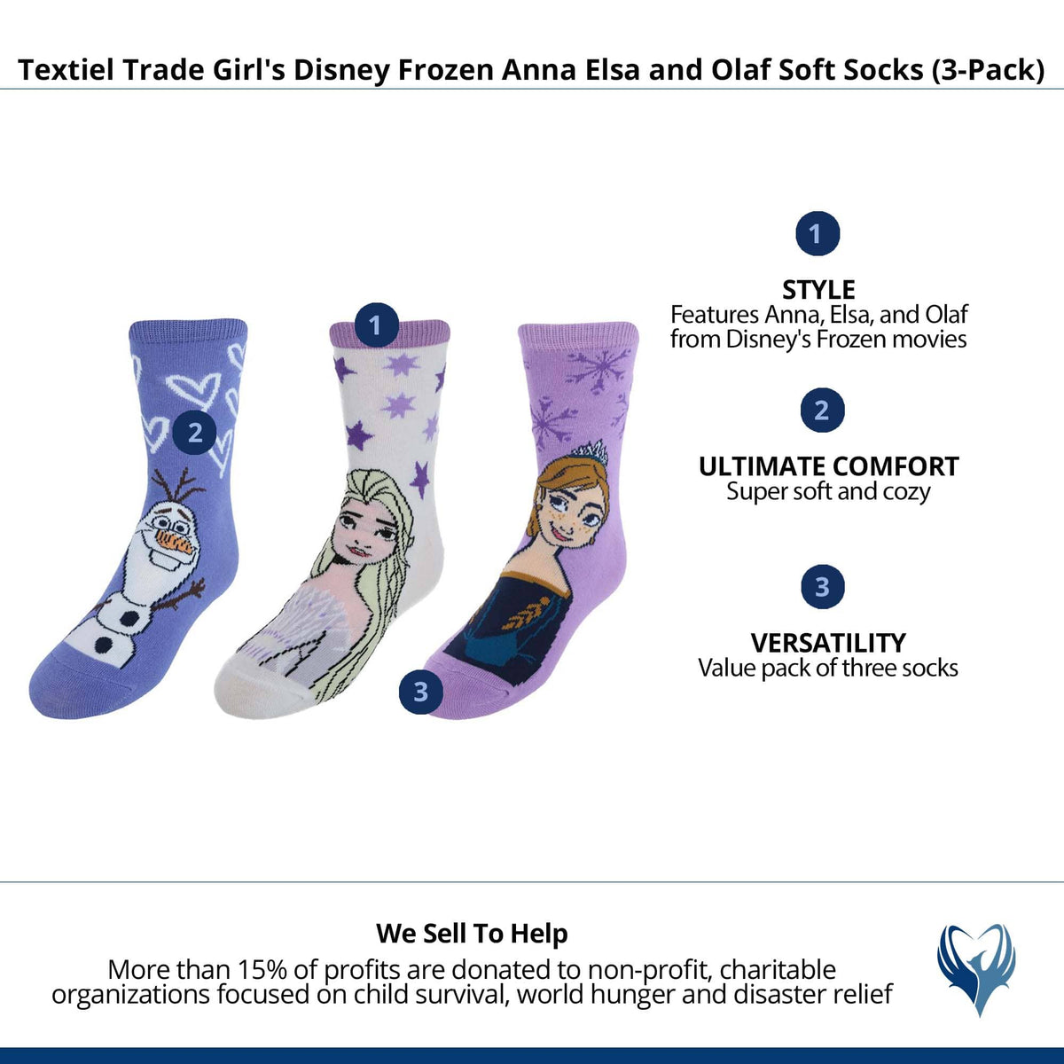 Textiel Trade Girl's Disney Frozen Anna  Elsa and Olaf Soft Socks (3-Pack) - Purple