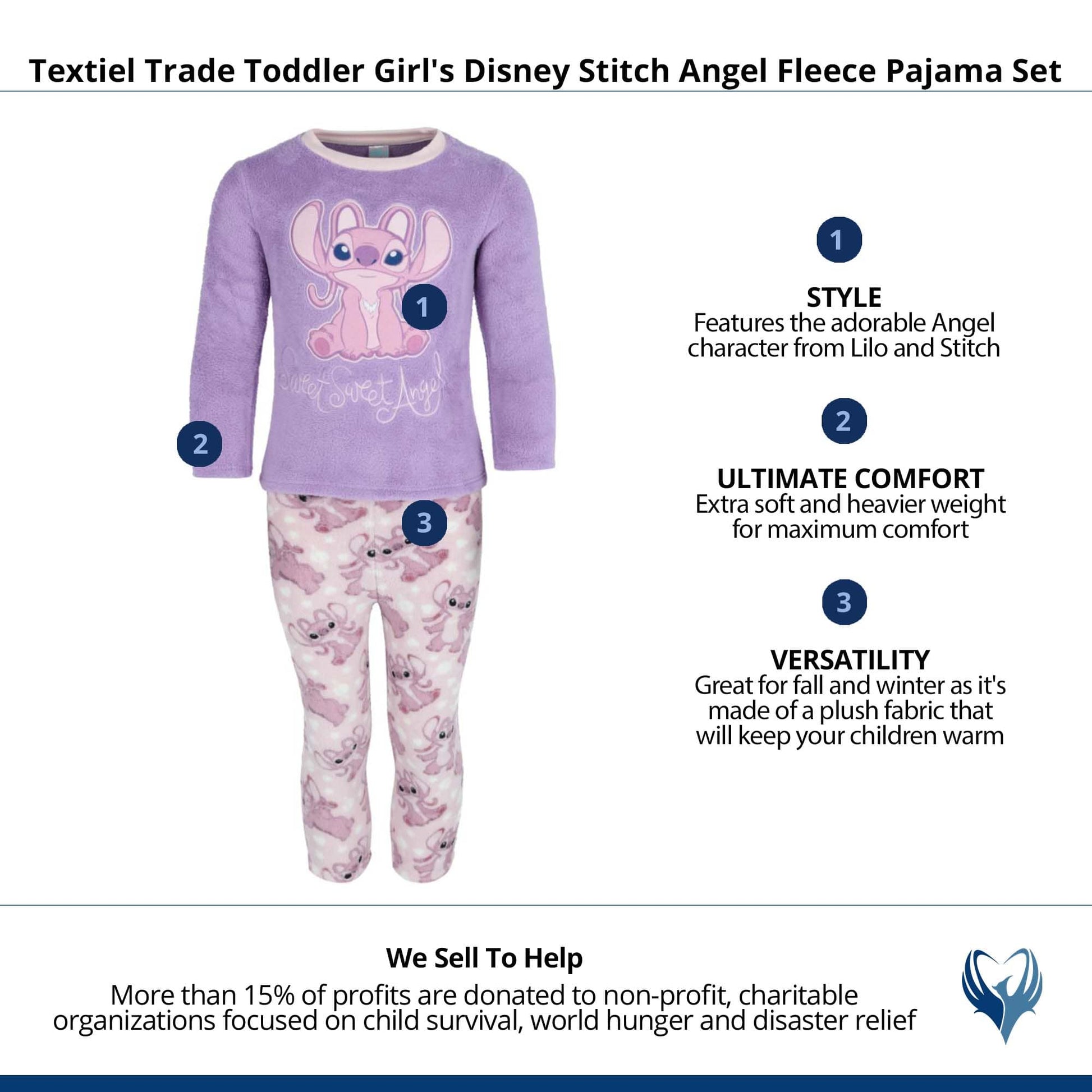 Textiel Trade Toddler Girl's Disney Stitch Angel Fleece Pajama Set - Purple