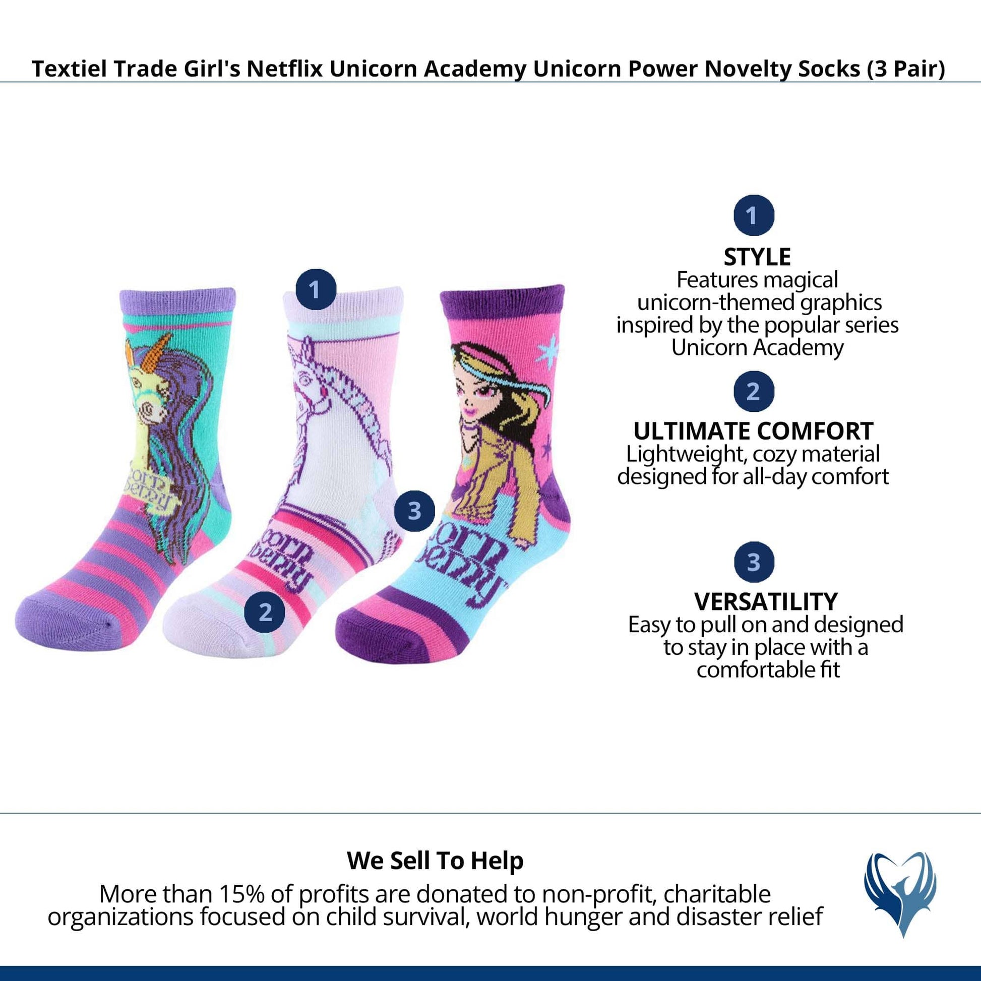 Textiel Trade Girl's Netflix Unicorn Academy Unicorn Power Socks (3 Pair) - Multiple