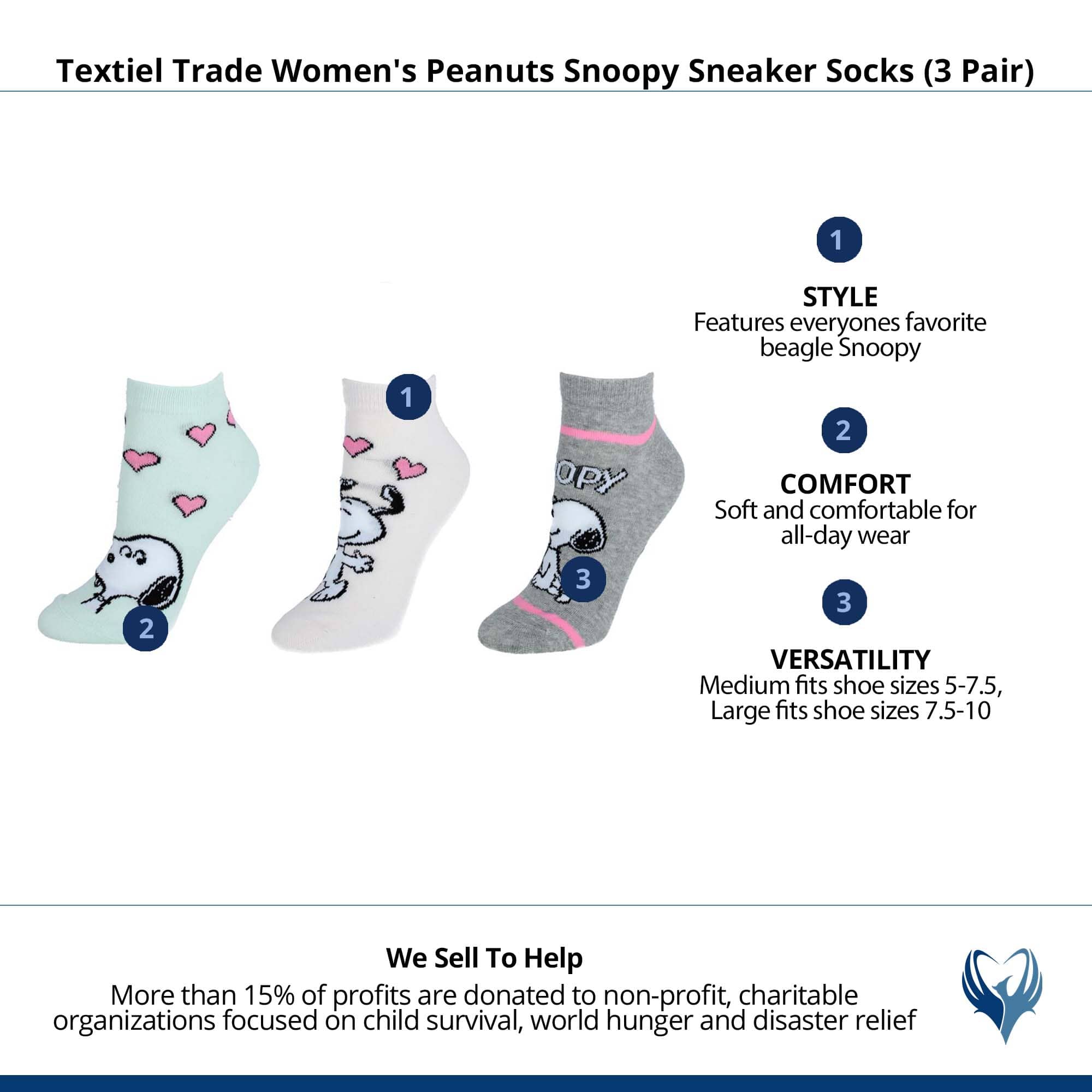 Textiel Trade Women's Peanuts Snoopy Sneaker Socks (3 Pair) - Multiple