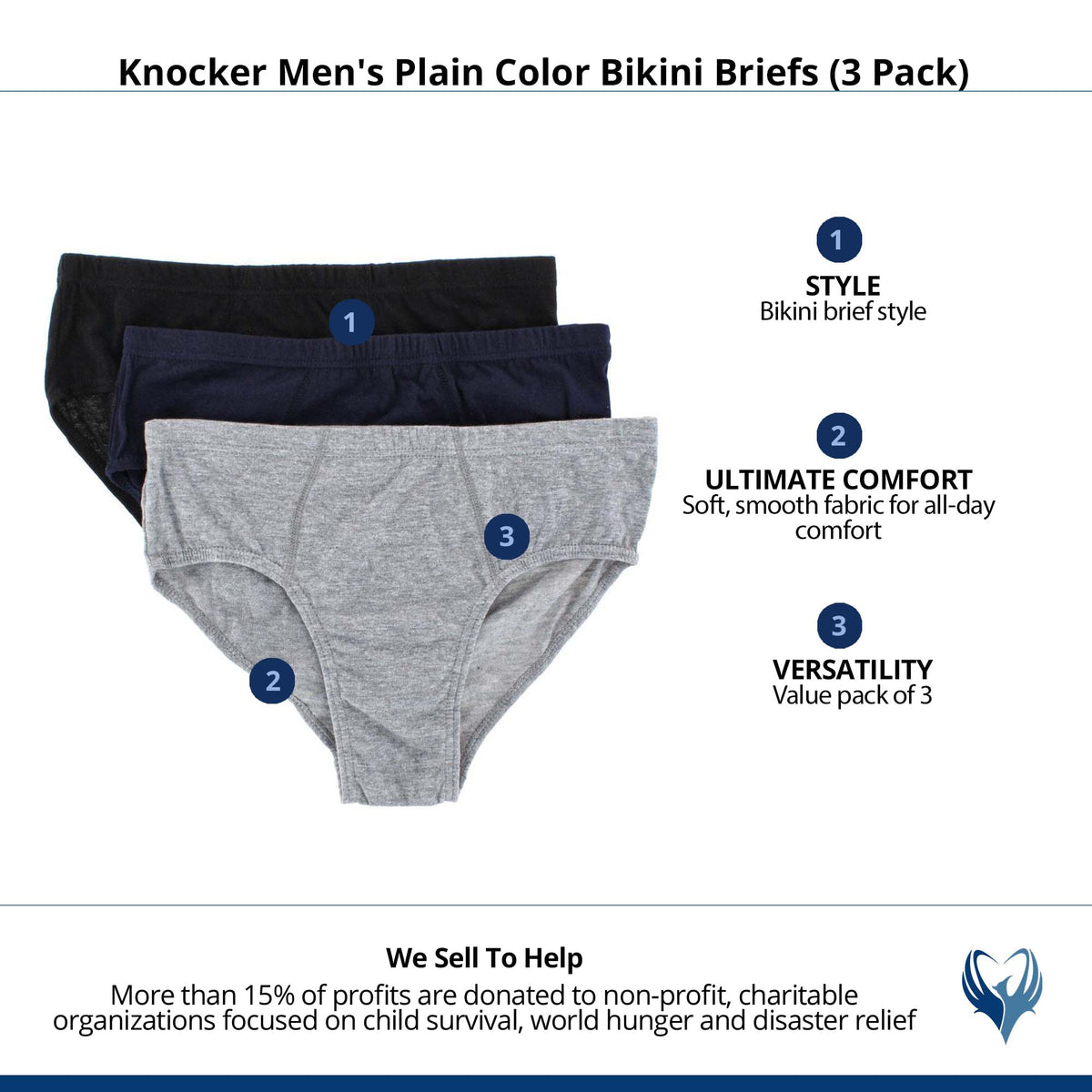 Knocker Men's Plain Color Bikini Briefs (3 Pack) - Assorted