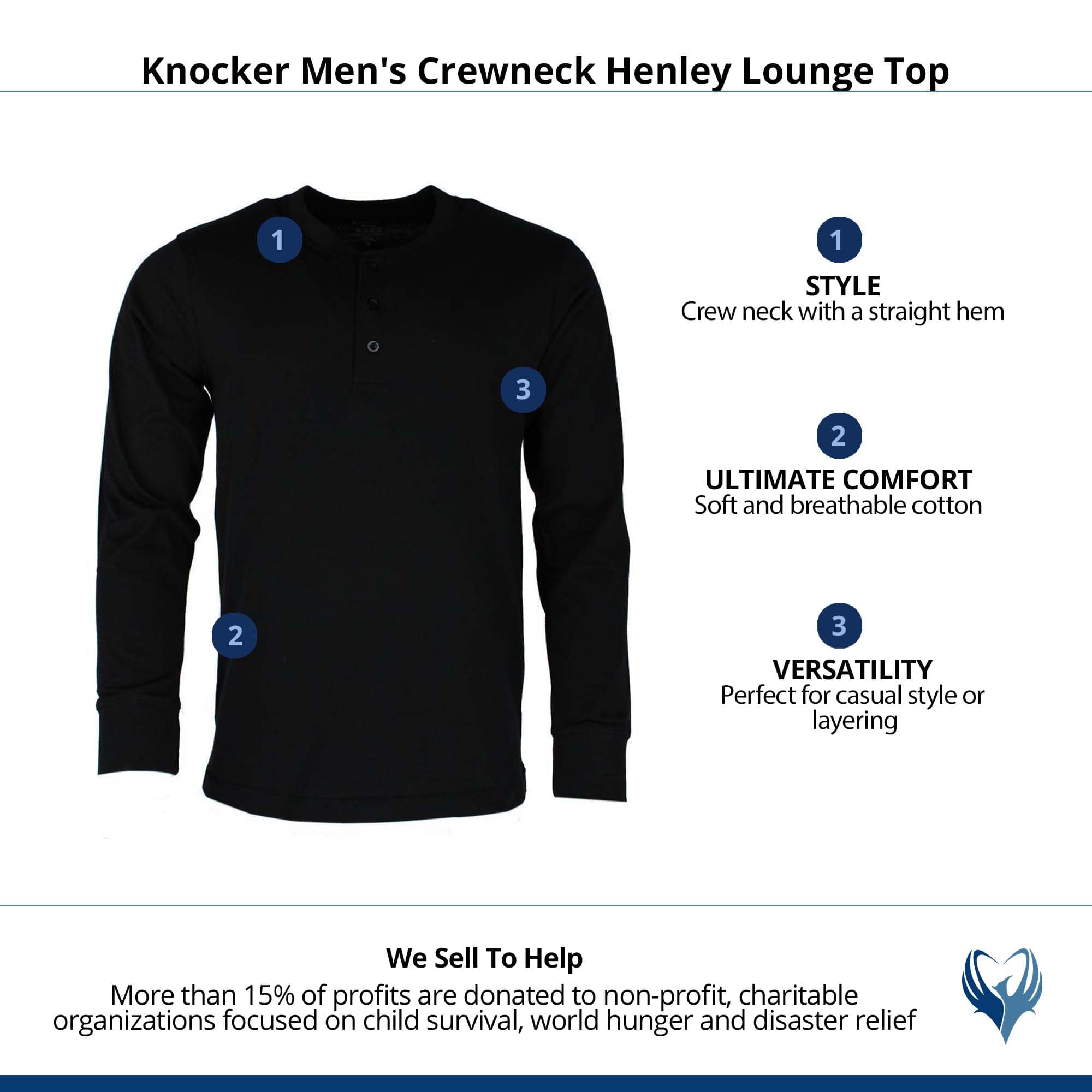 Knocker Men's Big & Tall Crewneck Henley Lounge Top - Black