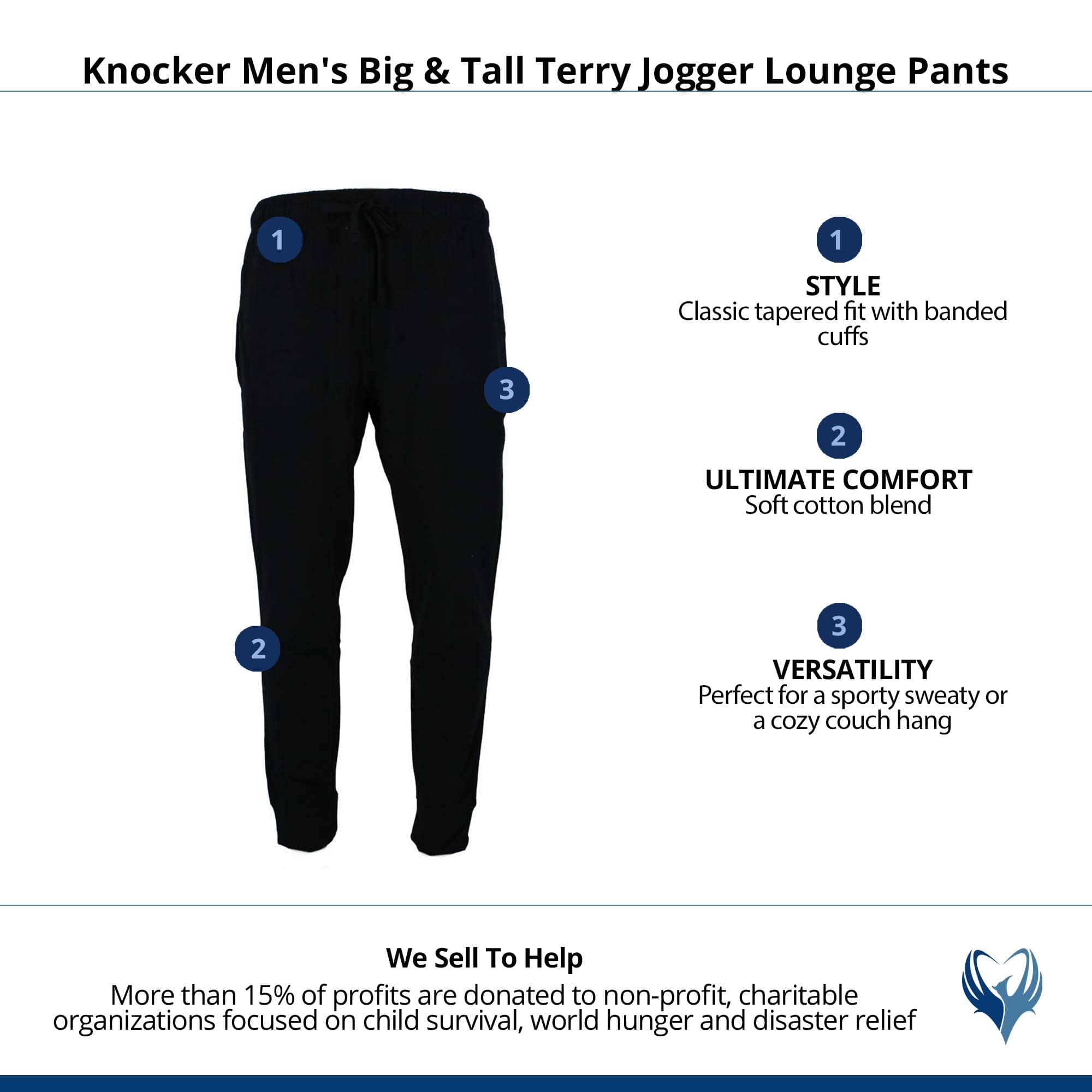 Knocker Men's Big & Tall Terry Jogger Lounge Pants - Black