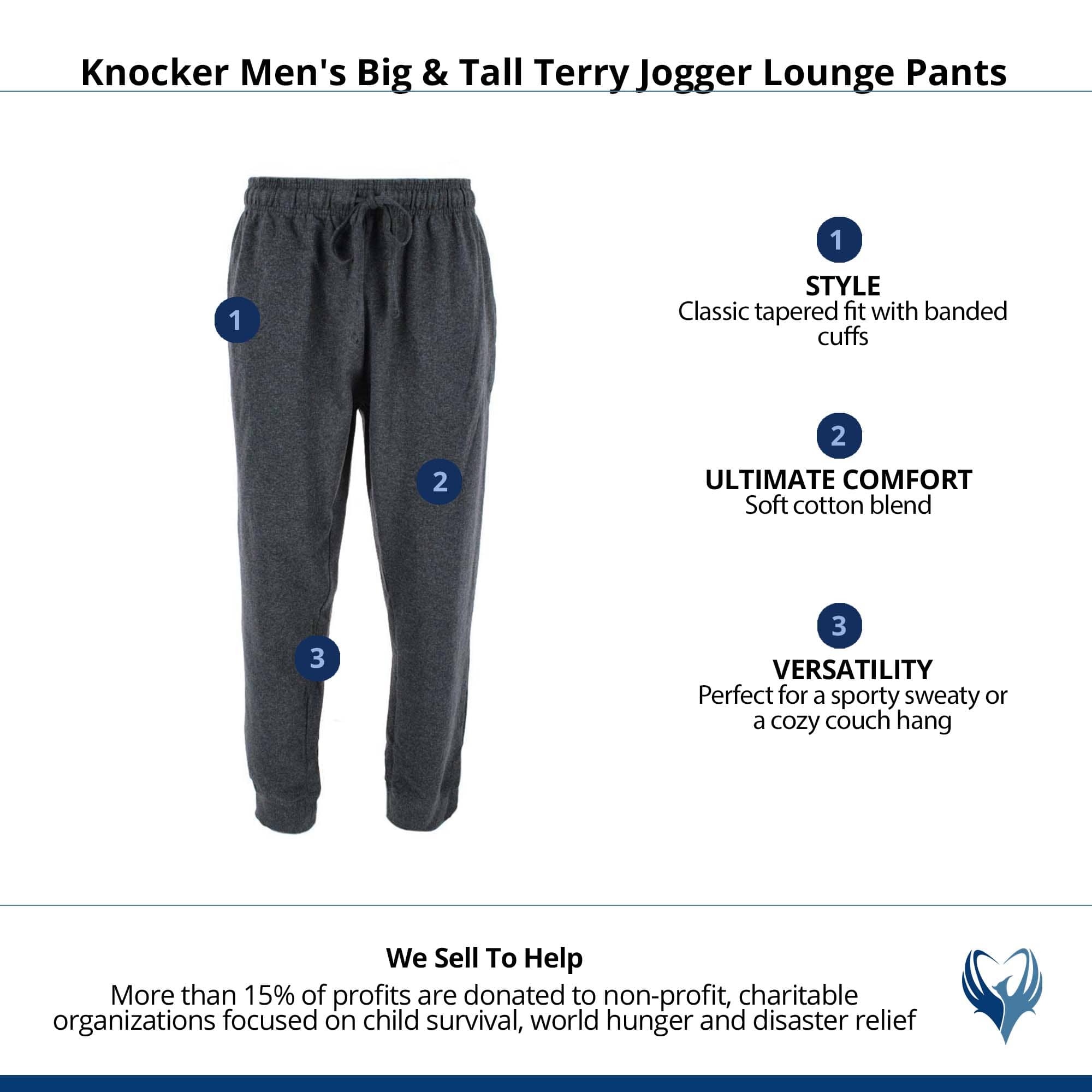 Knocker Men's Big & Tall Terry Jogger Lounge Pants - Charcoal