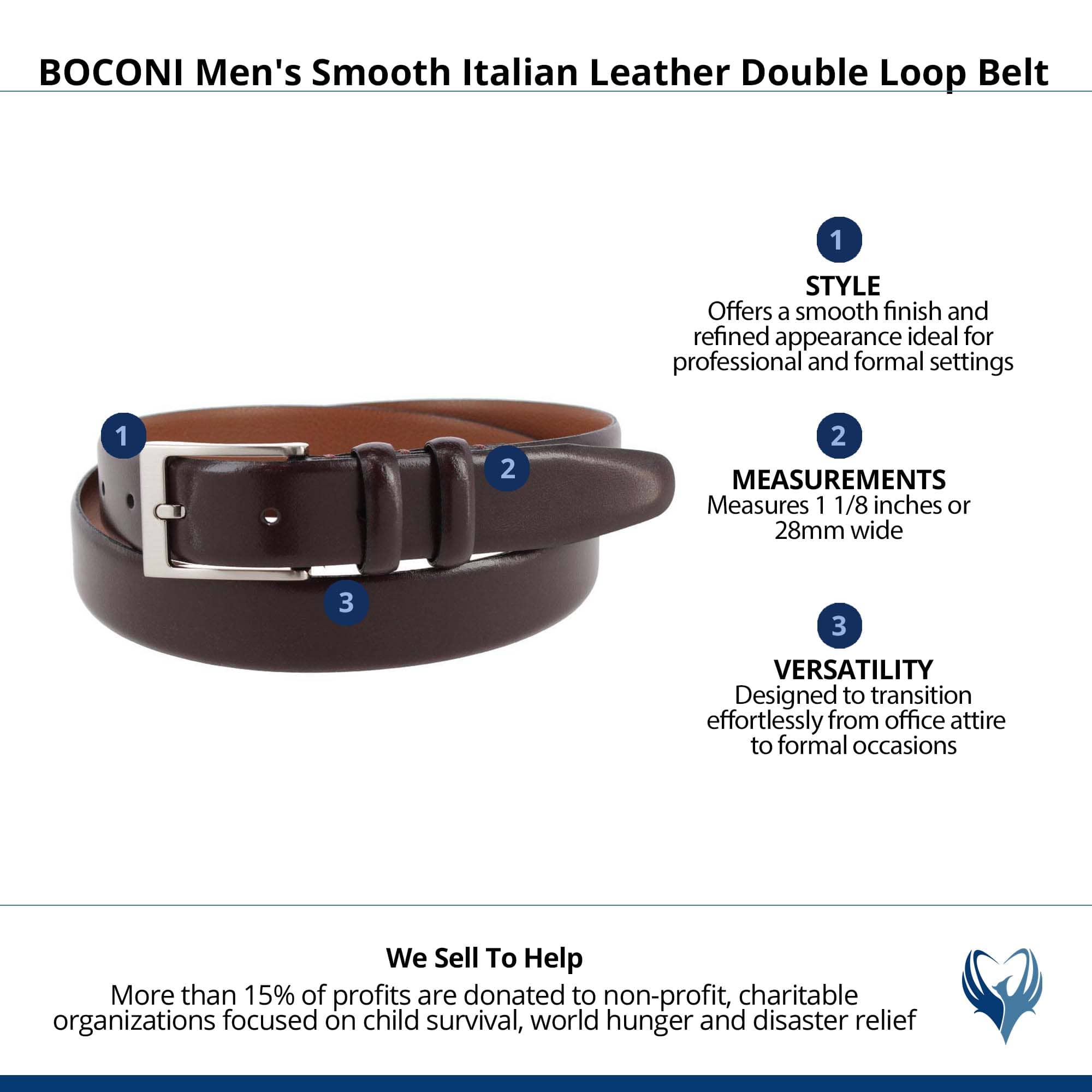 BOCONI Men's Smooth Italian Leather Double Loop Belt - Burgundy