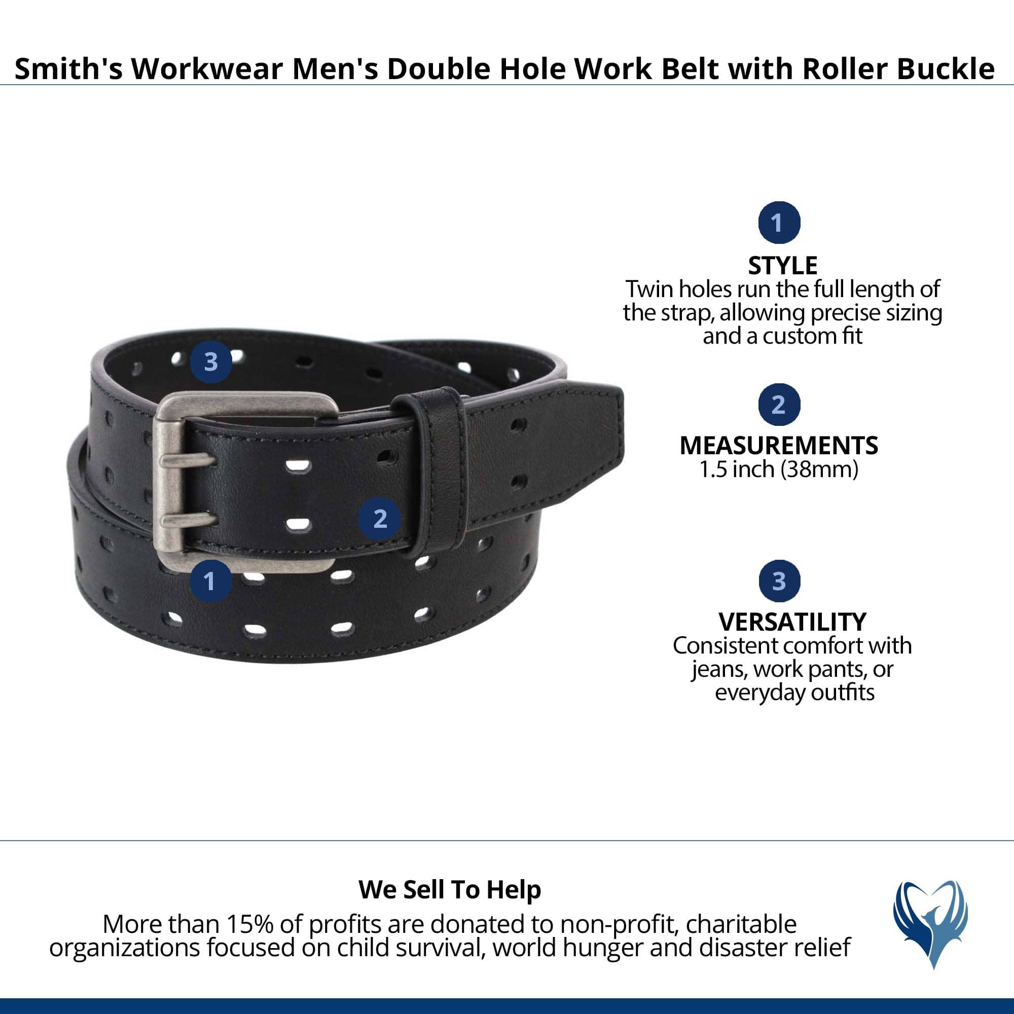 Smith's Workwear Men's Double Hole Work Belt with Roller Buckle - Black
