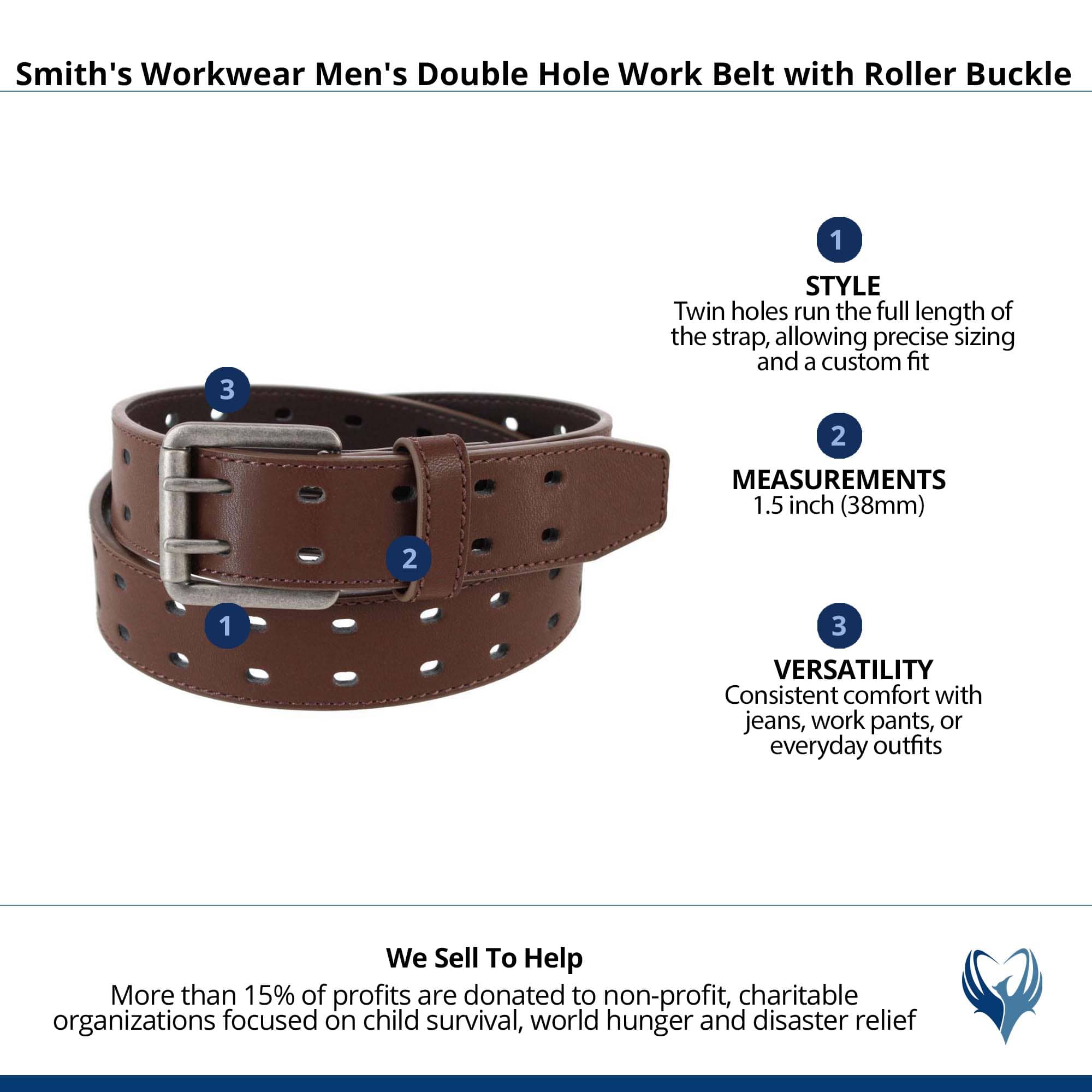 Smith's Workwear Men's Double Hole Work Belt with Roller Buckle - Brown