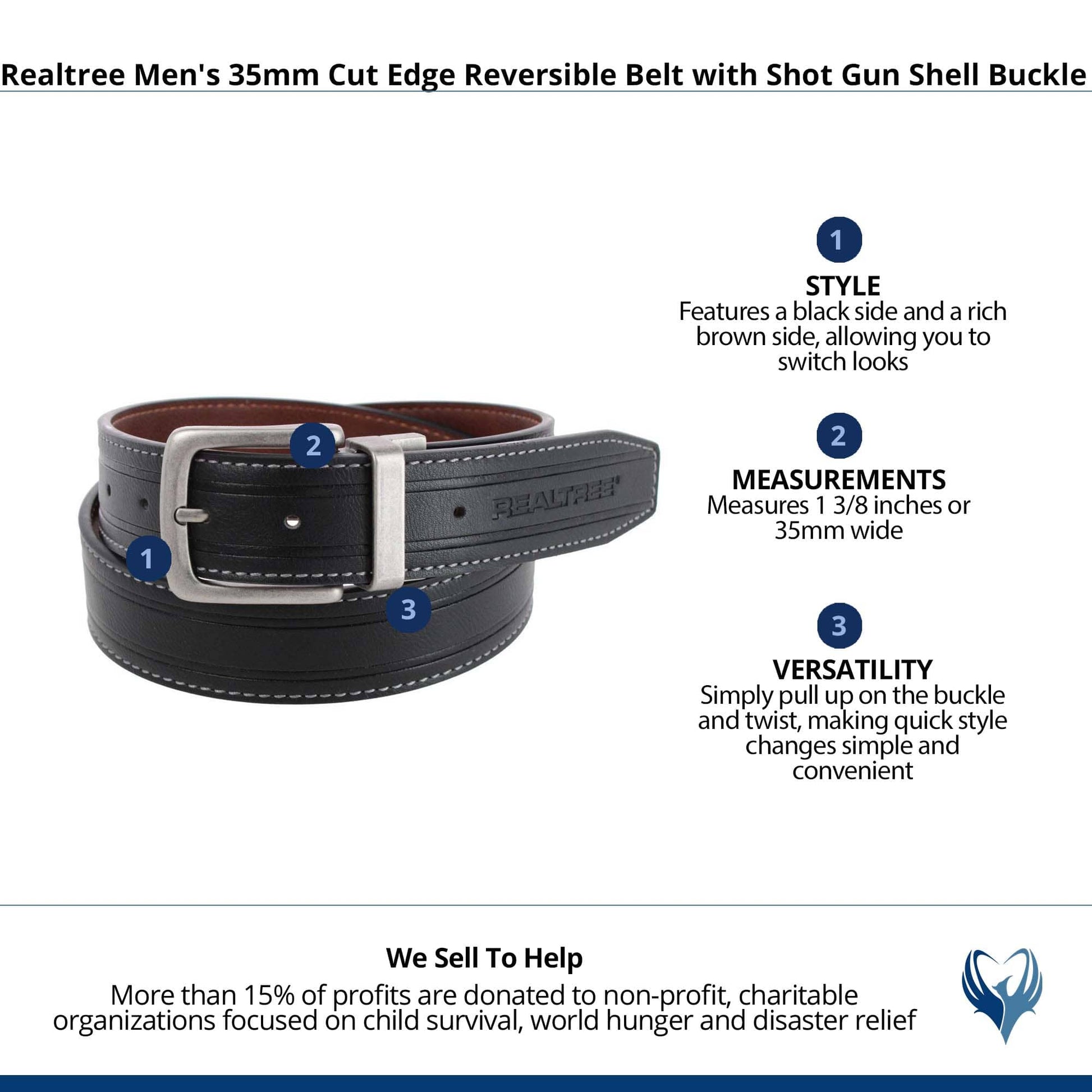 Realtree Men's 35mm Cut Edge Reversible Belt with Shot Gun Shell Buckle - Black/Brown