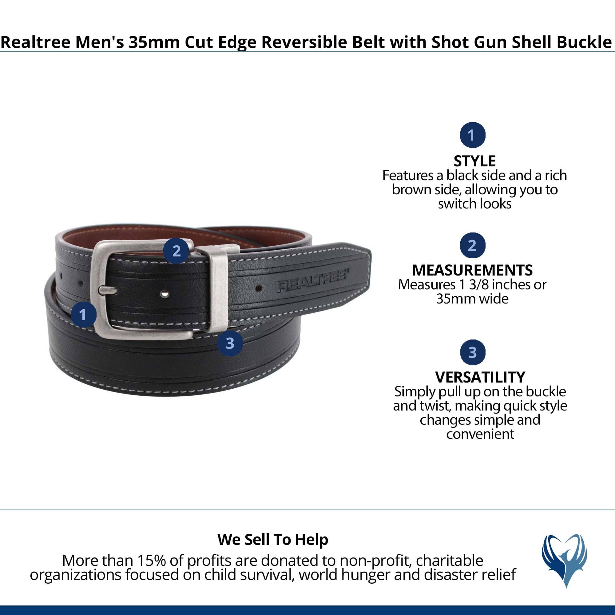 Realtree Men's 35mm Cut Edge Reversible Belt with Shot Gun Shell Buckle - Black/Brown