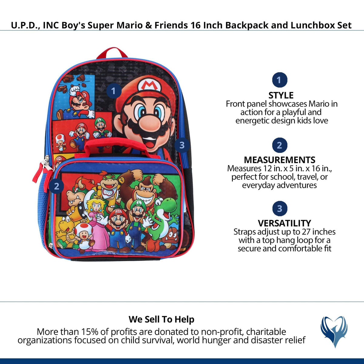 U.P.D., INC Boy's Super Mario & Friends 16 Inch Backpack and Lunchbox Set - Blue/Black