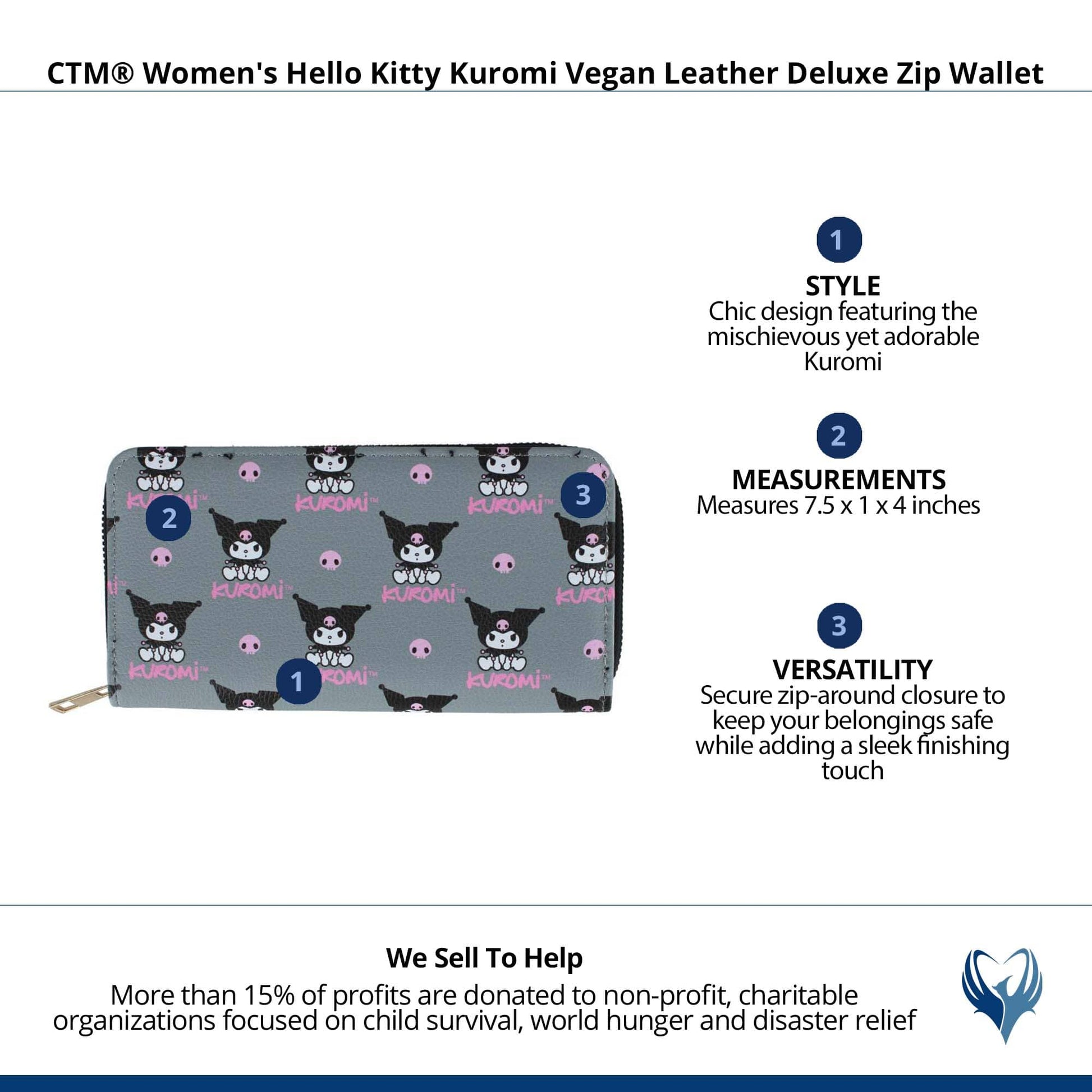 CTM® Women's Hello Kitty Kuromi Vegan Leather Deluxe Zip Wallet - Gray