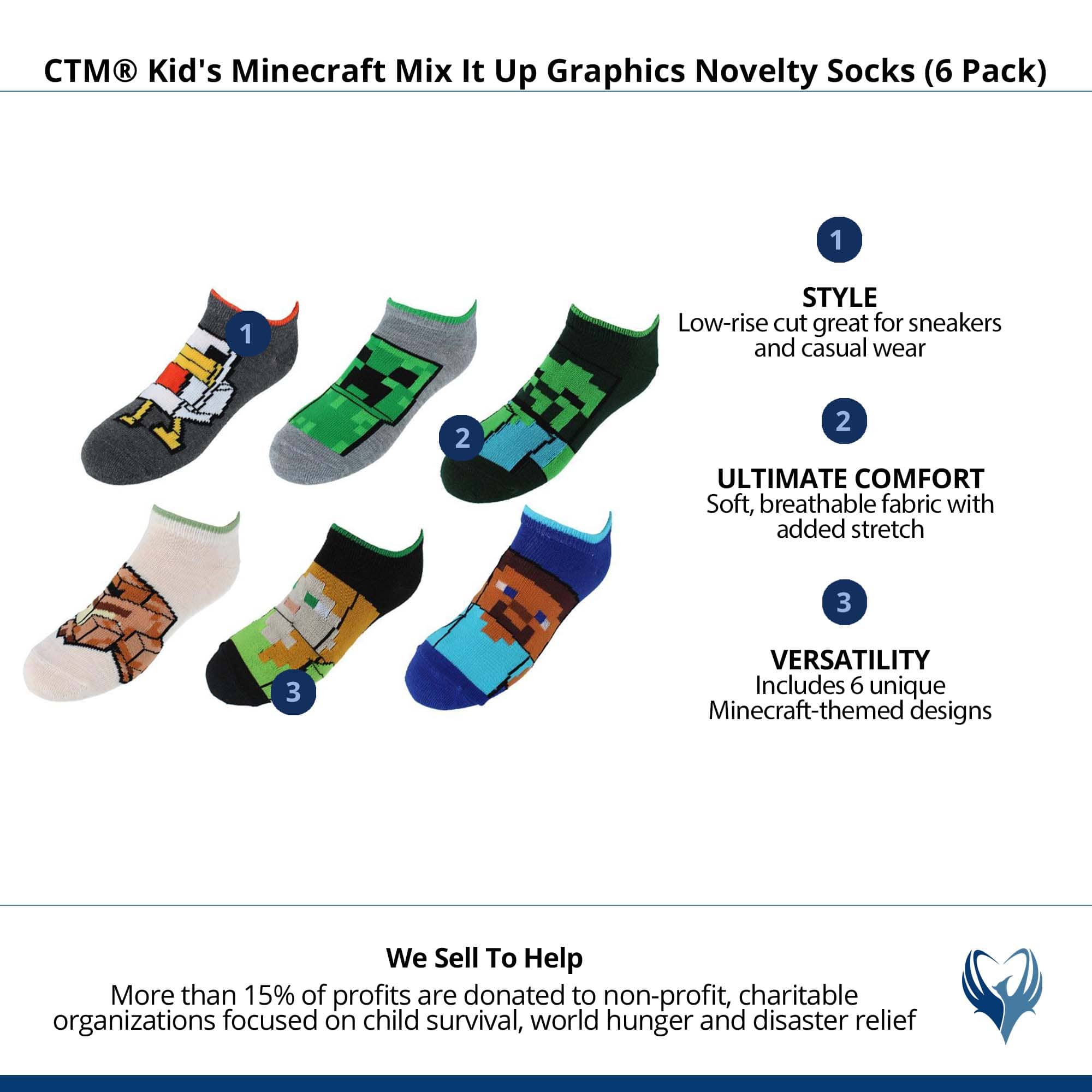 CTM® Kid's Minecraft Mix It Up Graphics Novelty Socks (6 Pack) - Multiple