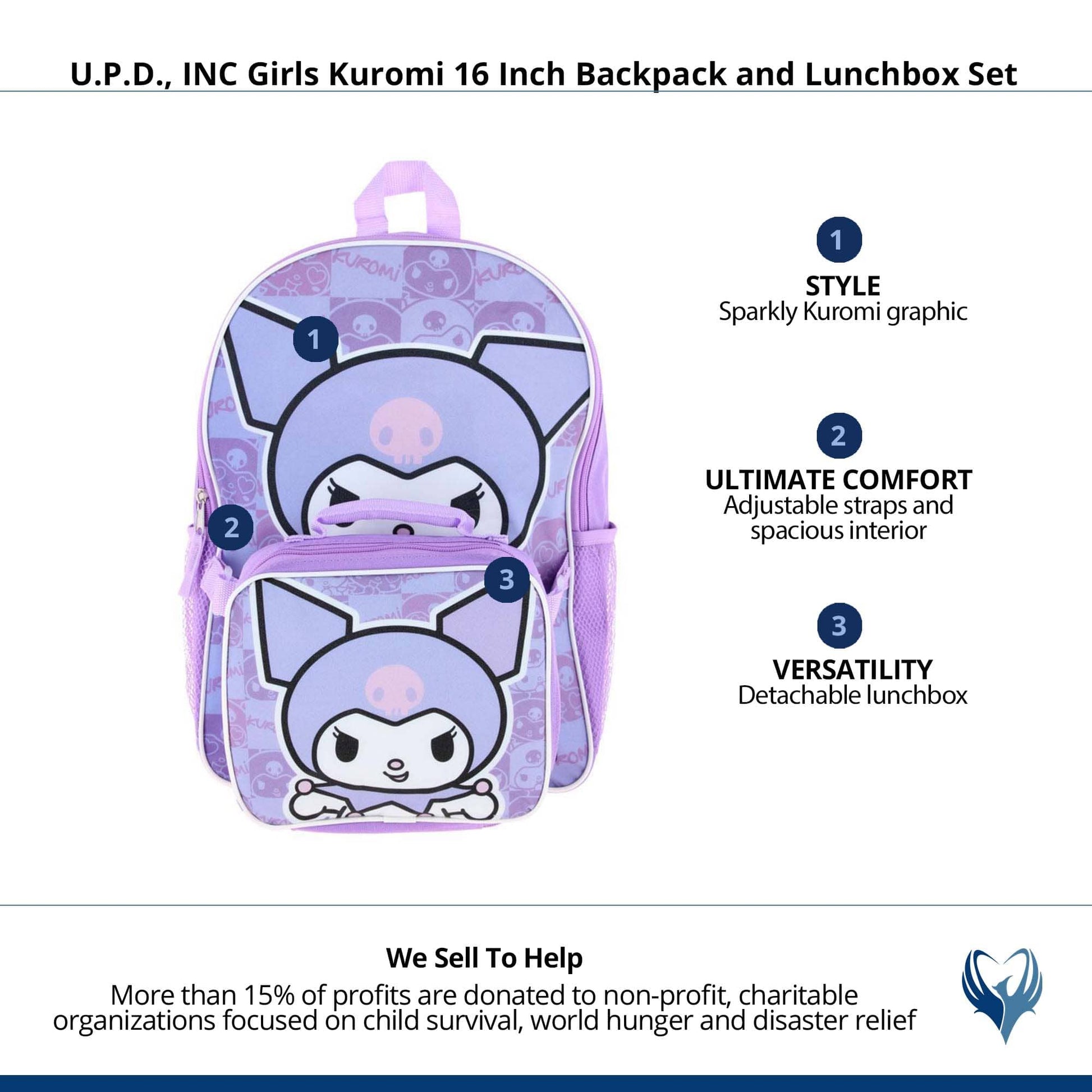 U.P.D., INC Girls Kuromi 16 Inch Backpack and Lunchbox Set - Purple