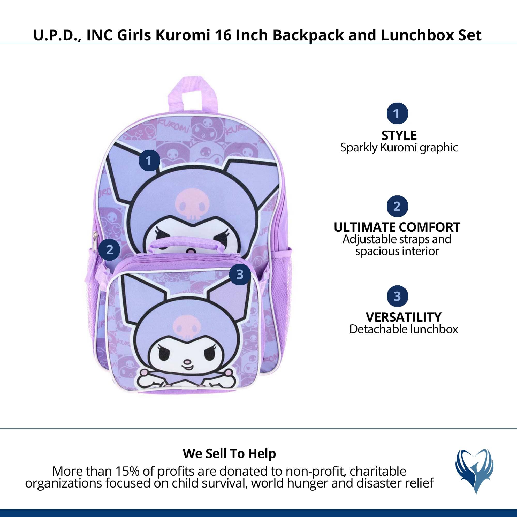 U.P.D., INC Girls Kuromi 16 Inch Backpack and Lunchbox Set - Purple