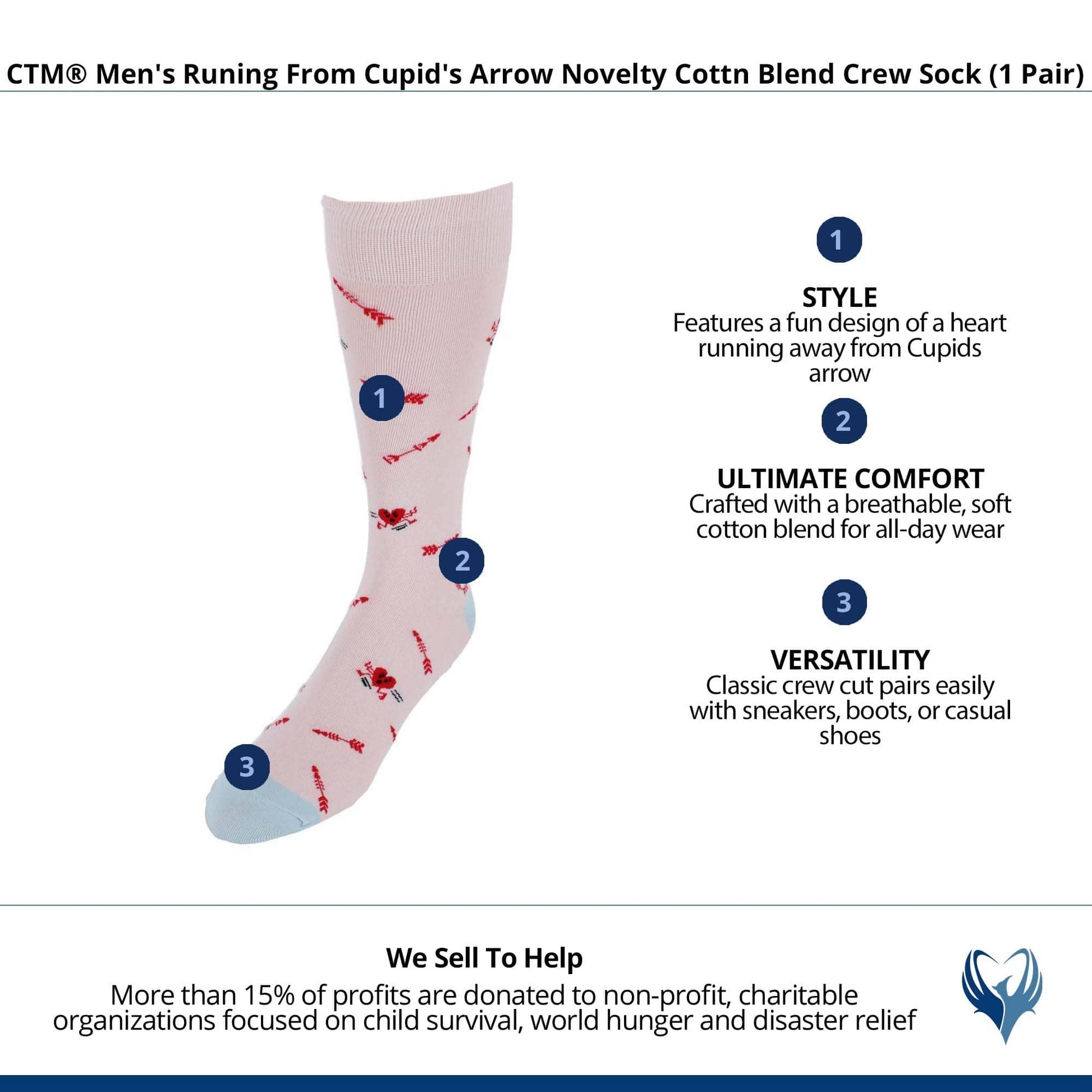 CTM® Men's Running From Cupid's Arrow Cotton Blend Crew Sock (1 Pair) - Pink