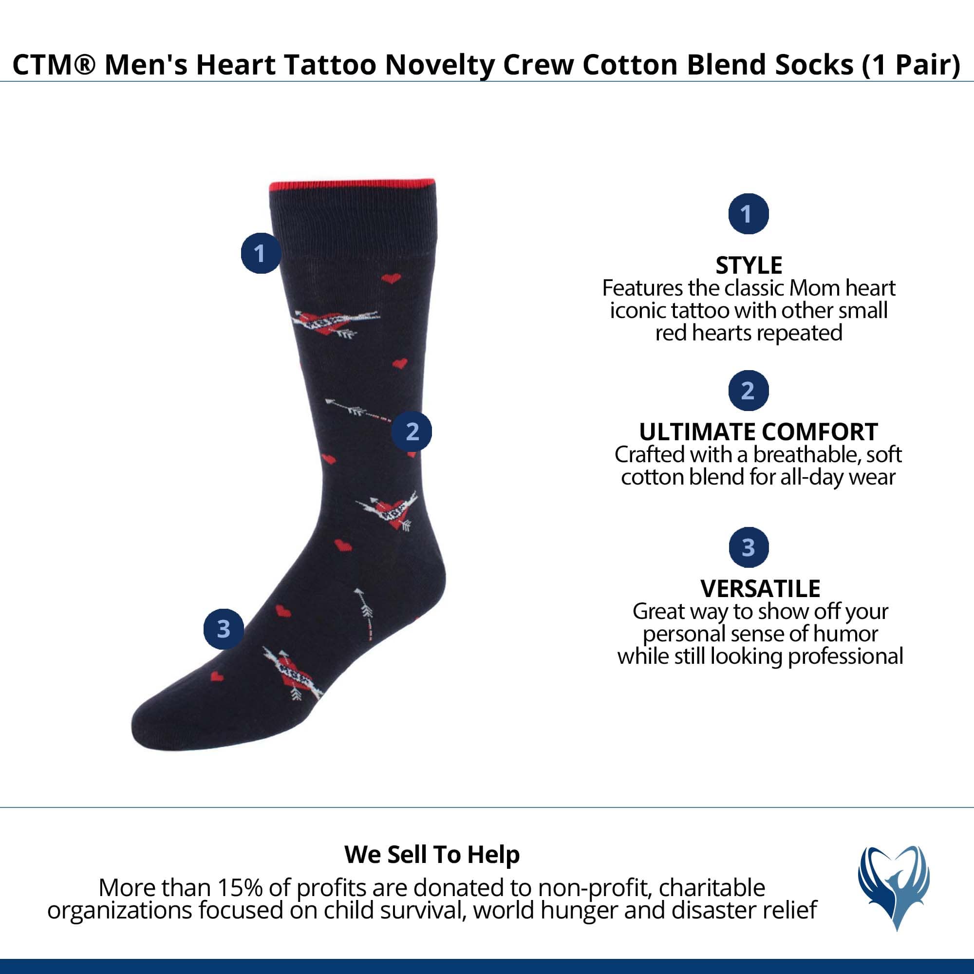 CTM® Men's Heart Tattoo Novelty Crew Cotton Blend Socks (1 Pair) - Navy
