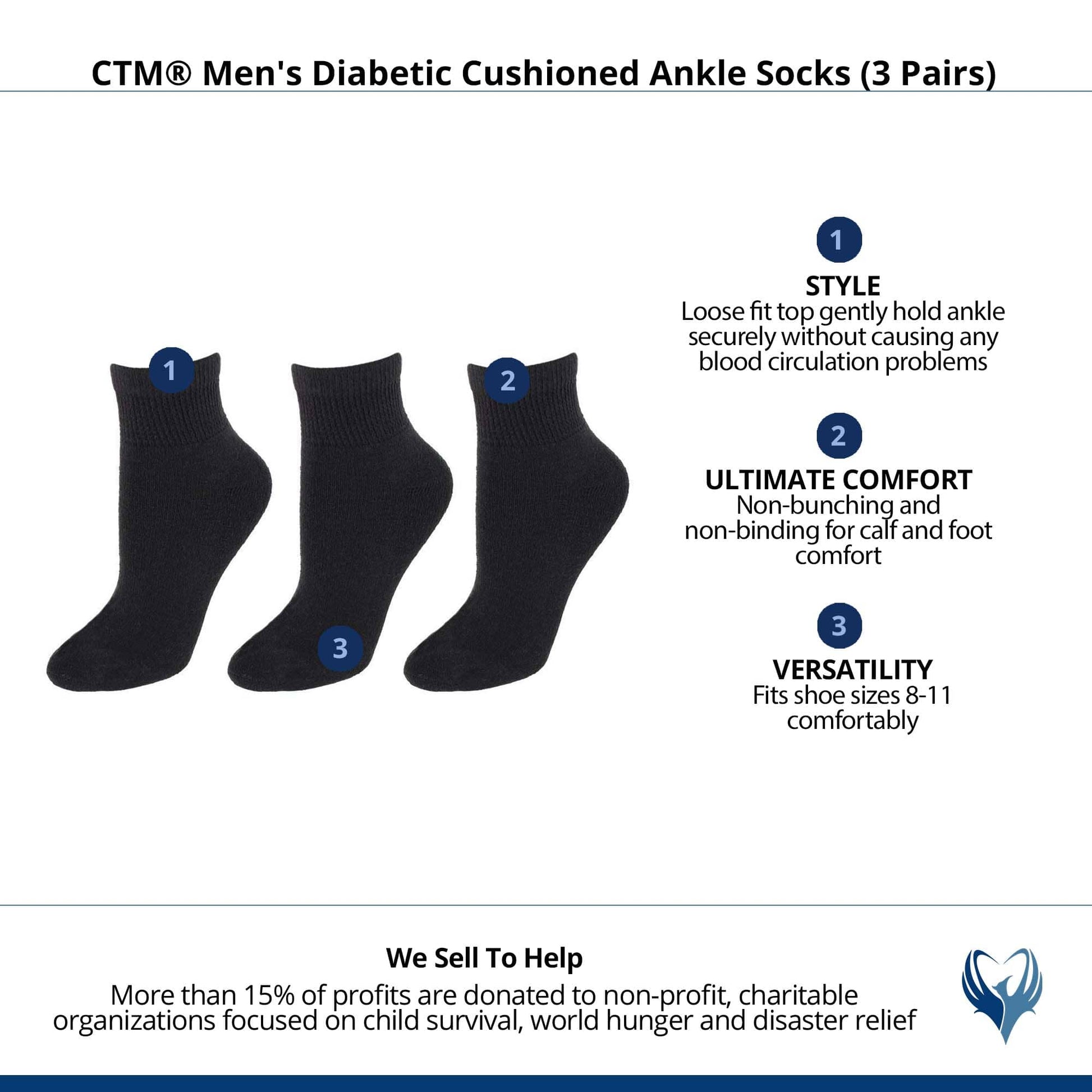 CTM® Men's Diabetic Cushioned Ankle Socks (3 Pairs) - Black