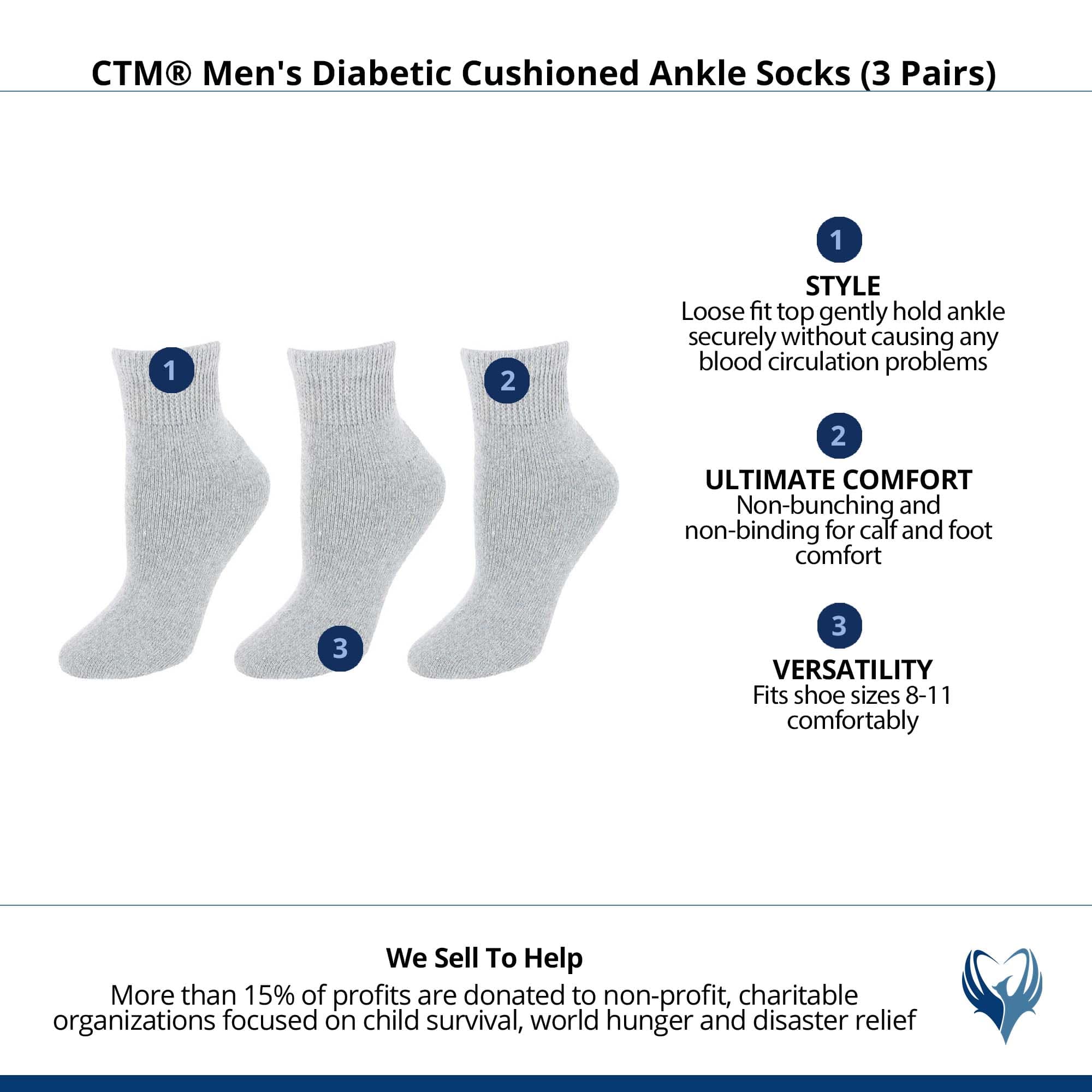 CTM® Men's Diabetic Cushioned Ankle Socks (3 Pairs) - Gray