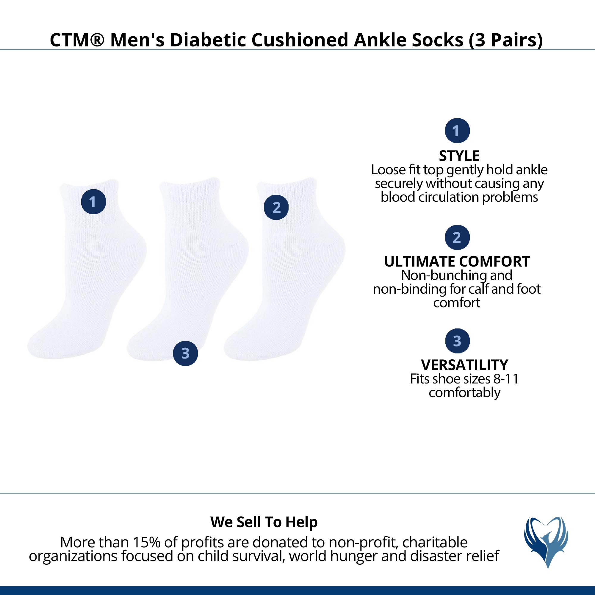 CTM® Men's Diabetic Cushioned Ankle Socks (3 Pairs) - White