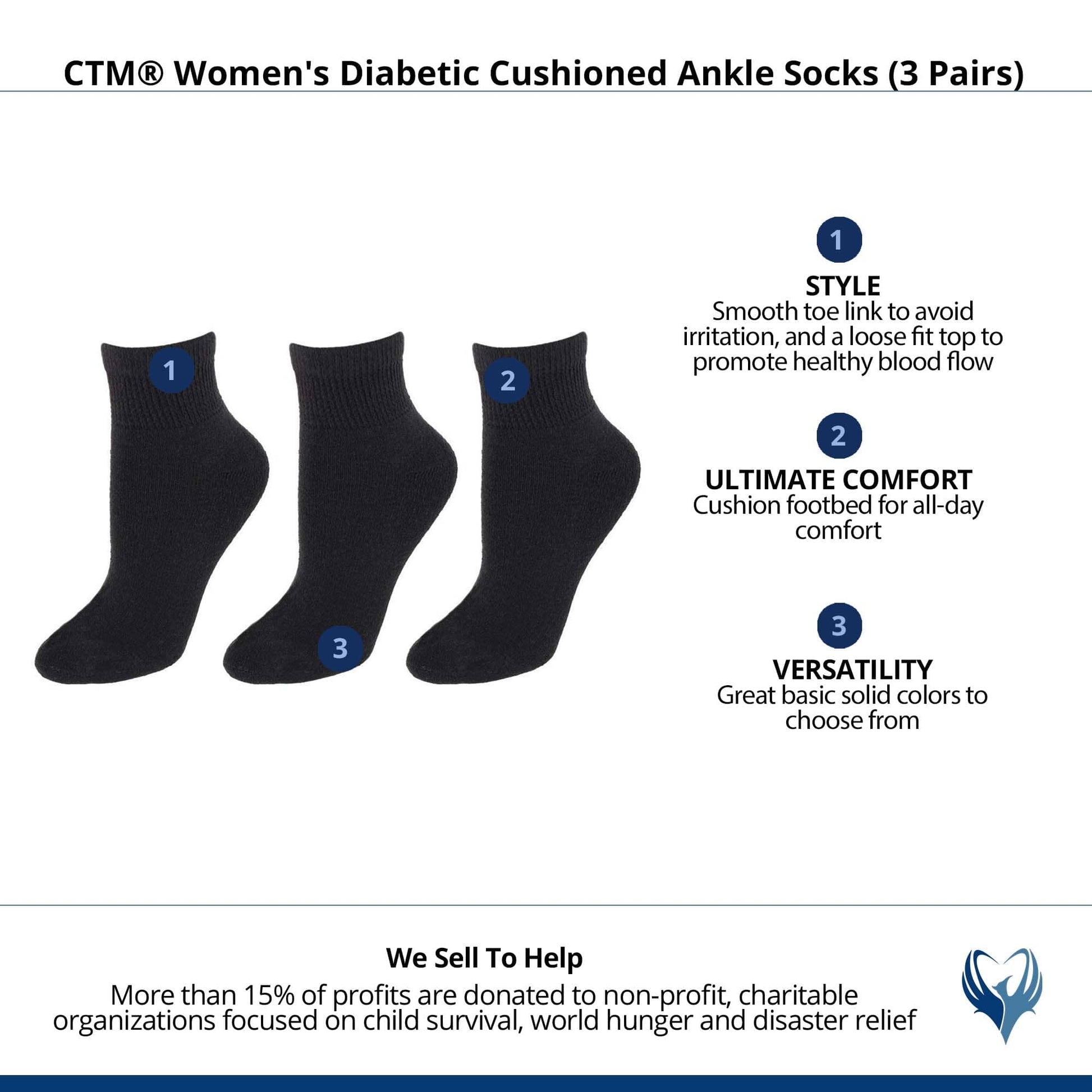 CTM® Women's Diabetic Cushioned Ankle Socks (3 Pairs) - Black