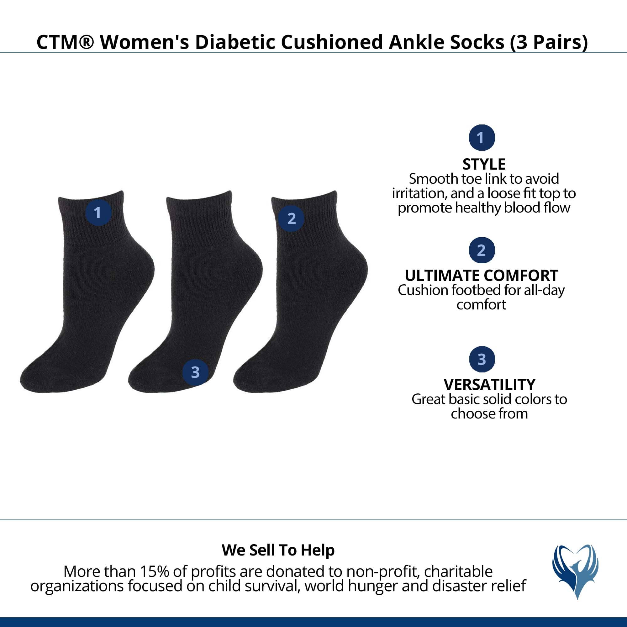 CTM® Women's Diabetic Cushioned Ankle Socks (3 Pairs) - Black